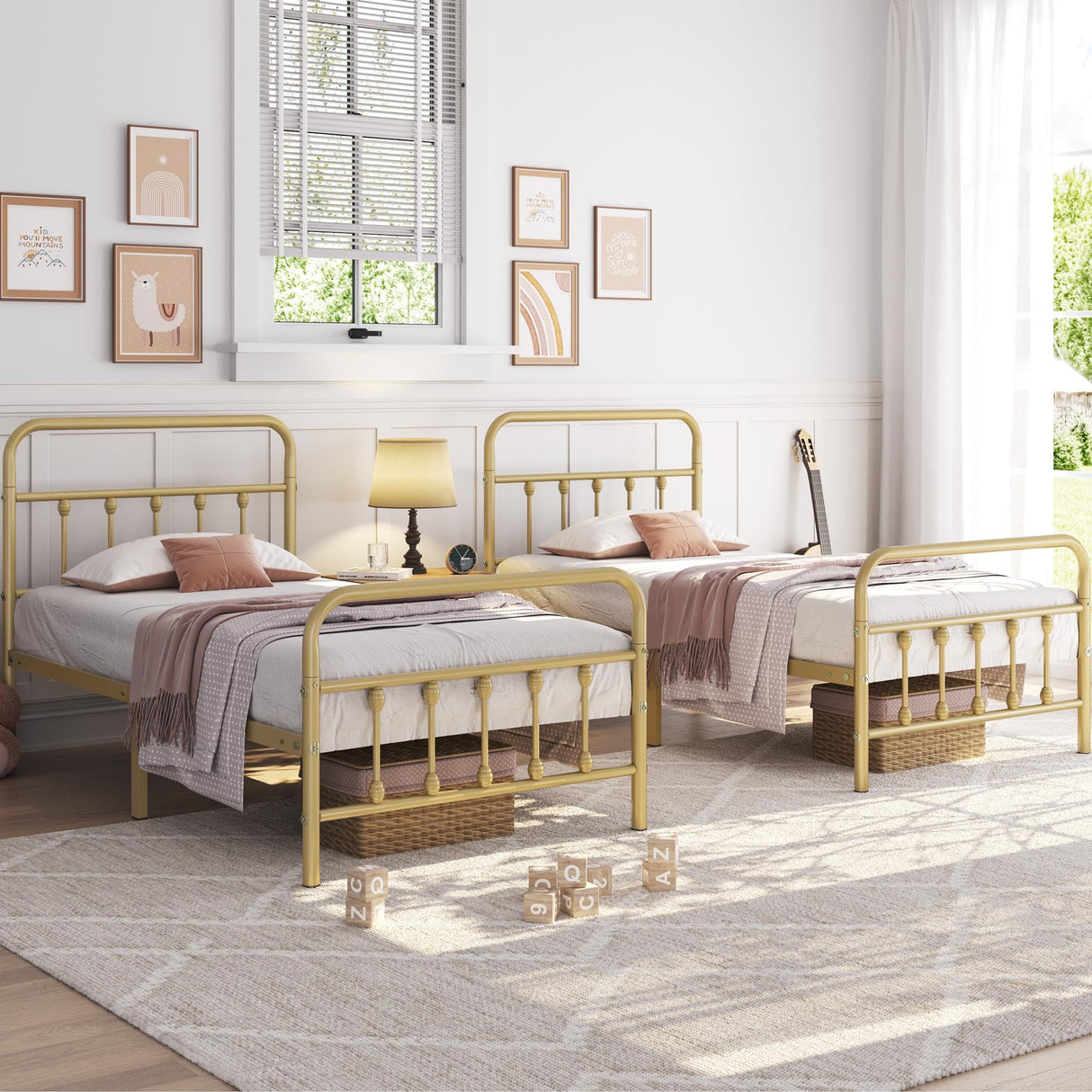 Yaheetech 2Pcs Twin Size Metal Platform Bed Frame with Victorian Style Iron-Art Headboard/Footboard/Under Bed Storage/No Box Spring Needed Antique Gold Yaheetech