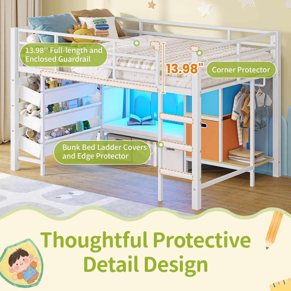 DICTAC Low Loft Bed Twin Size with Reading Corner Metal Twin Loft Bed with LED Lights,Sling Drawers and Bookshelf,loft Bed with Storage Basket and Bins,13.98" H Safety Guardrail and Stairs,White DICTAC