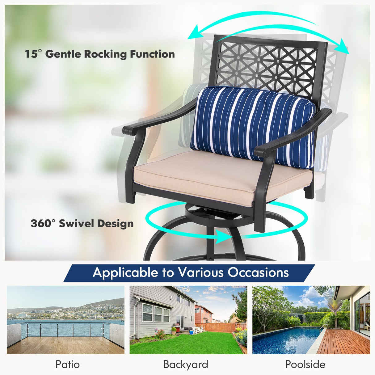 COSTWAY Outdoor Bar Chair Set of 4, 24.5 Inch Swivel Counter Height Bar Stools with Footrest, Seat Cushions & Lumbar Pillows, Metal Dining Bar Chairs for Patio, Backyard, Poolside (4) COSTWAY