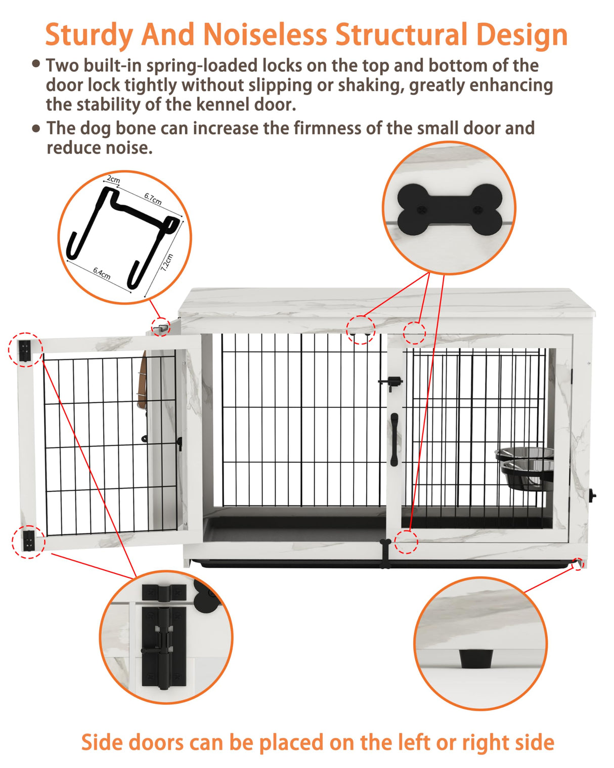 Piskyet Wooden Dog Crate Furniture with 360°Rotatable Removable Dog Bowls, Dog Crate End Table with Tray, Double Doors Dog Kennels forDogs(L:37.7" L*25.1" W*26.1" H, Marble White) Piskyet