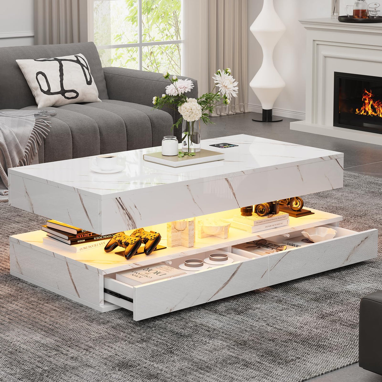 Buenhomino 47" Modern LED Coffee Table with 2 Drawers, High Glossy Double-Layer Center Table with Wireless Charging and Built-in Bluetooth Speaker Smart Table for Living Room with Marbling White Buenhomino