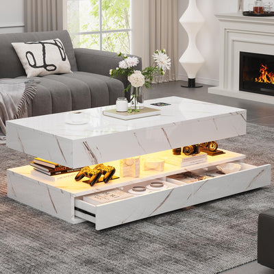 Buenhomino 47" Modern LED Coffee Table with 2 Drawers, High Glossy Double-Layer Center Table with Wireless Charging and Built-in Bluetooth Speaker Smart Table for Living Room with Marbling White