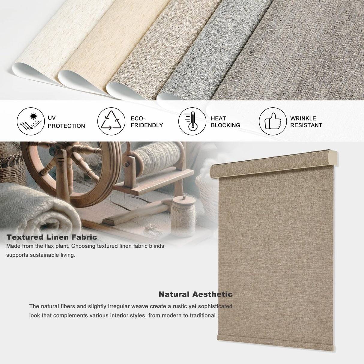 Tonature 100% Blackout Roller Blinds Cordless Shades with Natural Linen Fabric,Roller Blinds for Indoor Windows,Custom Blinds & Shades for Home,Bedroom,Custom Size,Khaki(Blackout) Tonature