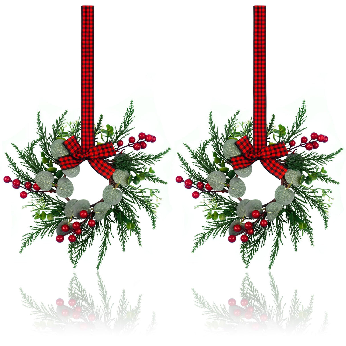 2Pcs Christmas Wreath, 10 Inch Mini Wreaths for Kitchen Cabinets, Christmas Door Wreath, Small Christmas Wreath for Fireplace Window Farmhouse Indoor Home Decorations JUSTOTRY