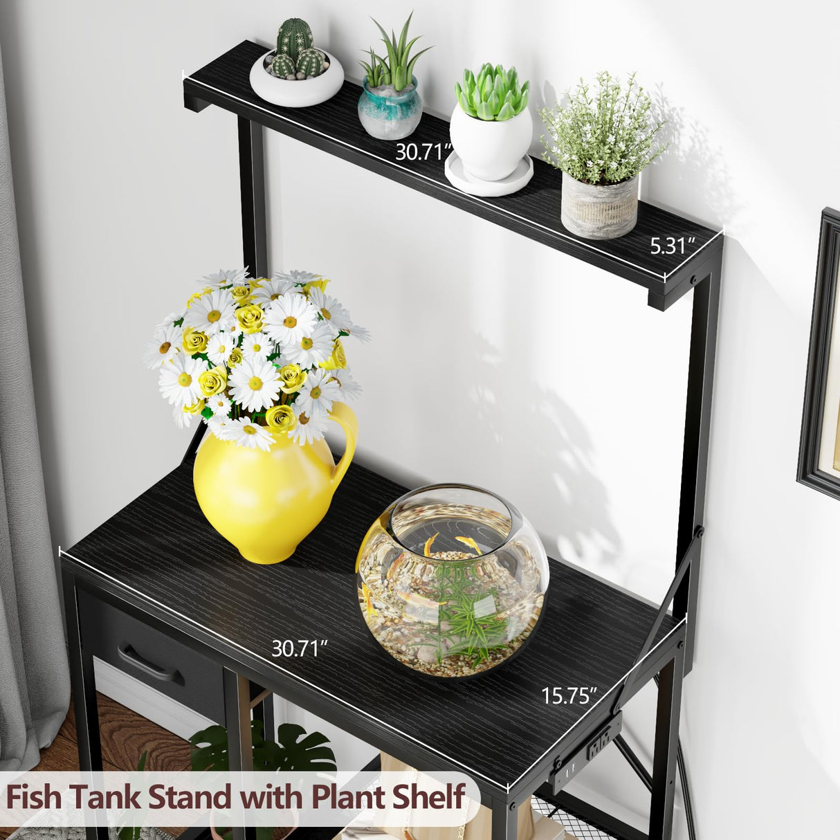 Korfile Large Aquarium Stand with Power Outlet, Tall 4 Tiers Fish Tank Stand with Storage Drawer, 400LBS Capacity Terrarium Stand with 4 Wheels, Reptile Tank for Accessories Storage, Black Korfile
