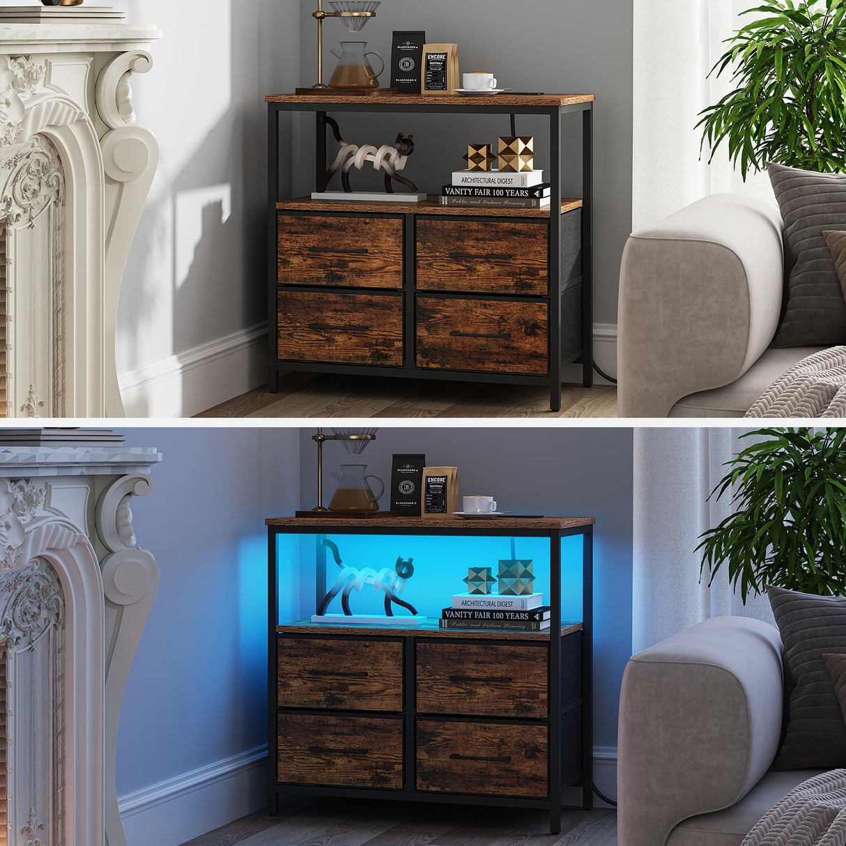 TUTOTAK LED Night Stand with Charging Station, Large Nightstand with USB and Type-C Port, Bedside Table with Cloth Drawers, End Table for Livingroom, Bedroom, Brown TB01BB081L TUTOTAK