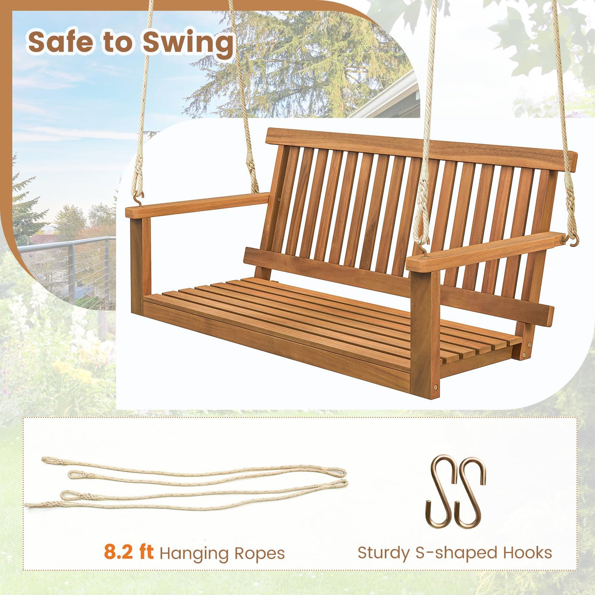HAPPYGRILL 2-Person Acacia Wood Outdoor Porch Swing, Patio Swing Chair Patio Hanging Bench Chair with 800lb Weight Capacity and 8.2 ft Hanging Ropes HAPPYGRILL