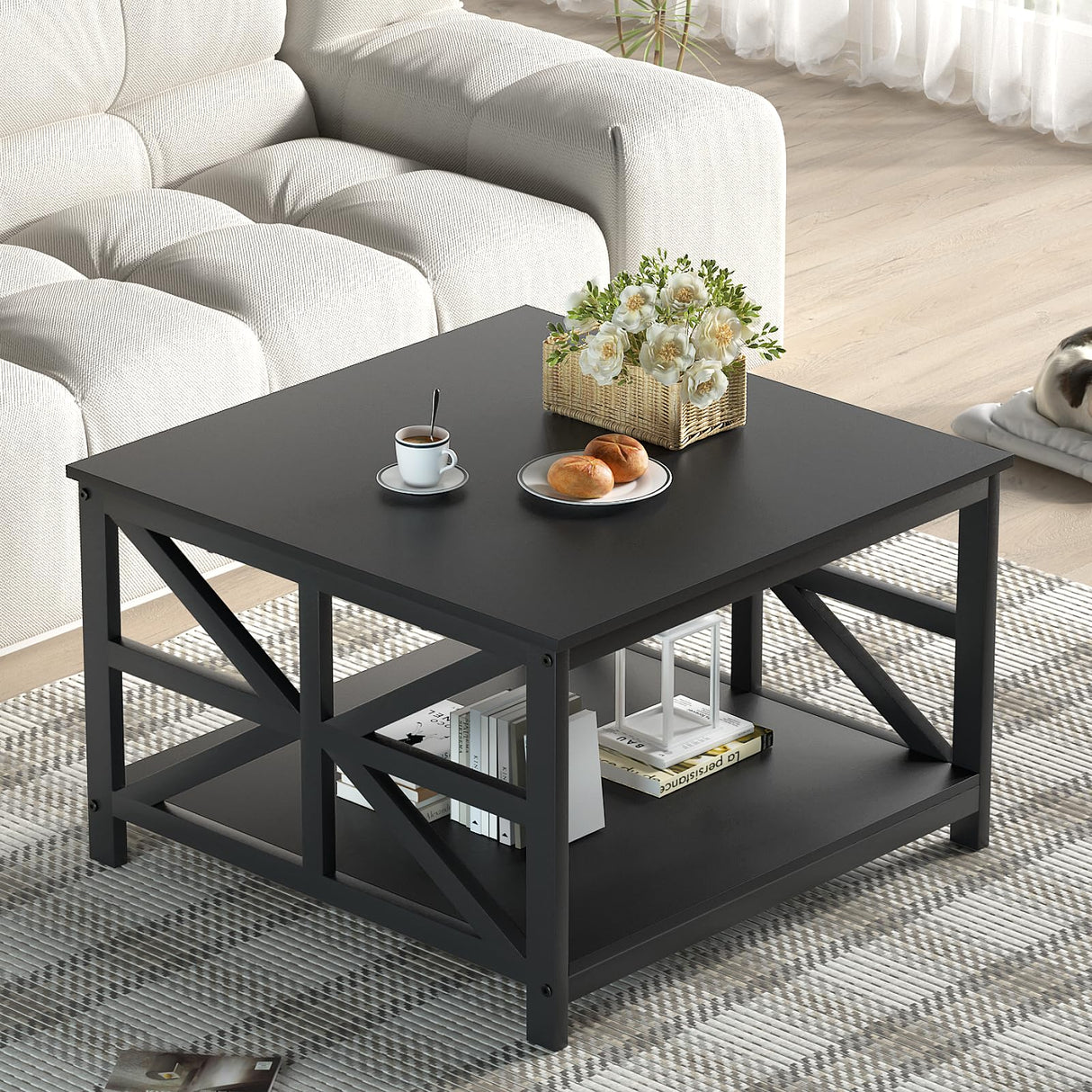 GreenForest Coffee Table with Storage for Living Room, Small Square Center Tables with Seamless One-Piece Tabletop Farmhouse Style, Black GreenForest