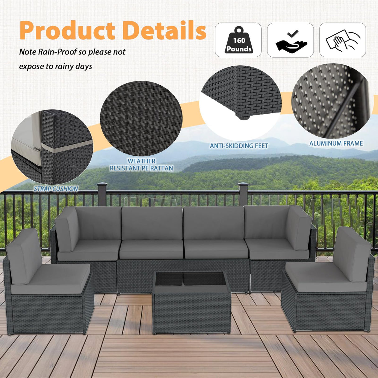 AECOJOY 7 Piece Outdoor Patio Furniture Set, Outdoor Sectional Conversation Furniture Chair with Coffee Table,Patio Sectional for Garden,Backyard(Grey Cushions and Black PE Rattan) AECOJOY