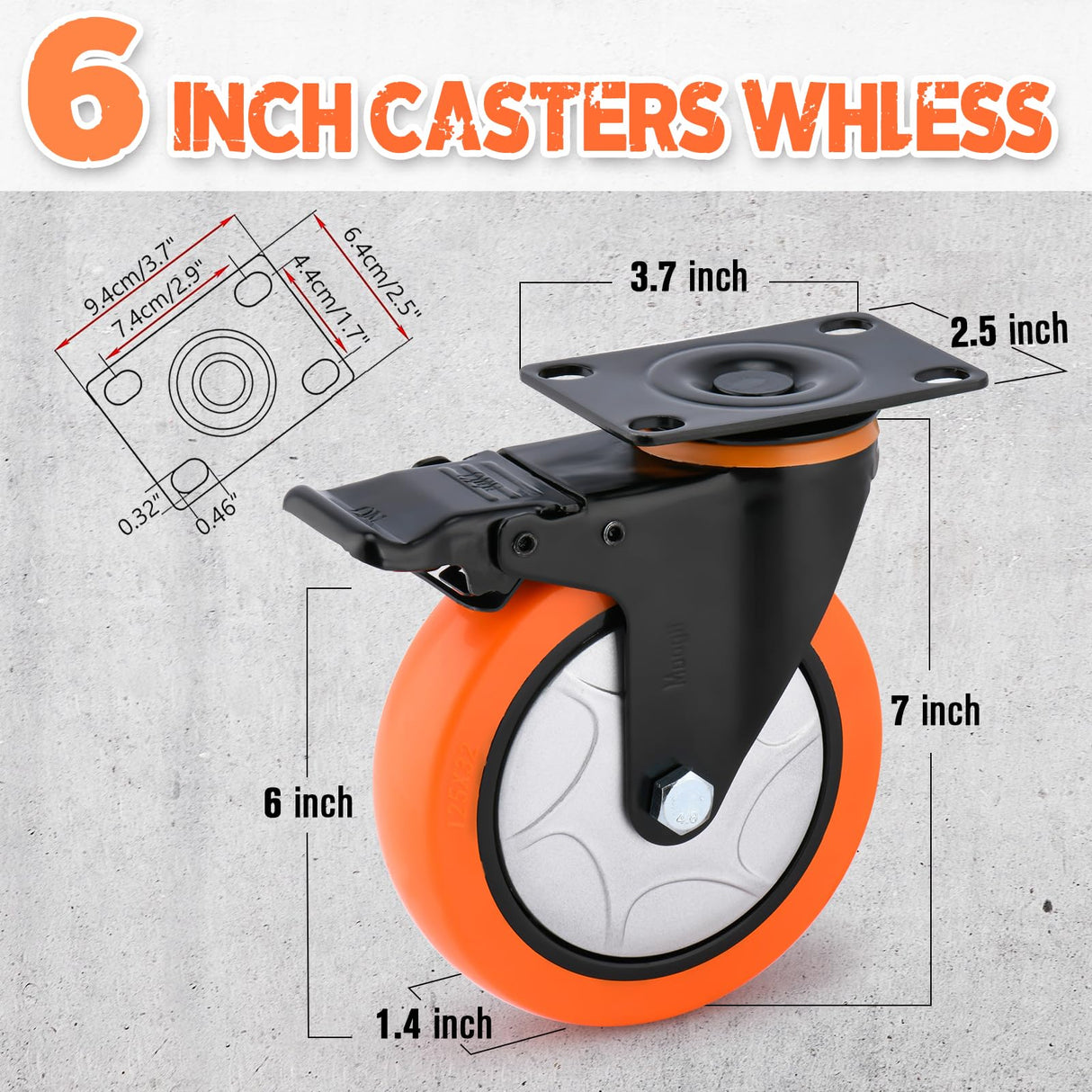 6 Inch Heavy Duty Swivel Caster Wheels with Brake - Set of 4, 3000 Lbs Capacity, PVC No Noise No Marking Wheels for Furniture, Carts, and Equipment (Includes Free Screws) Moogii
