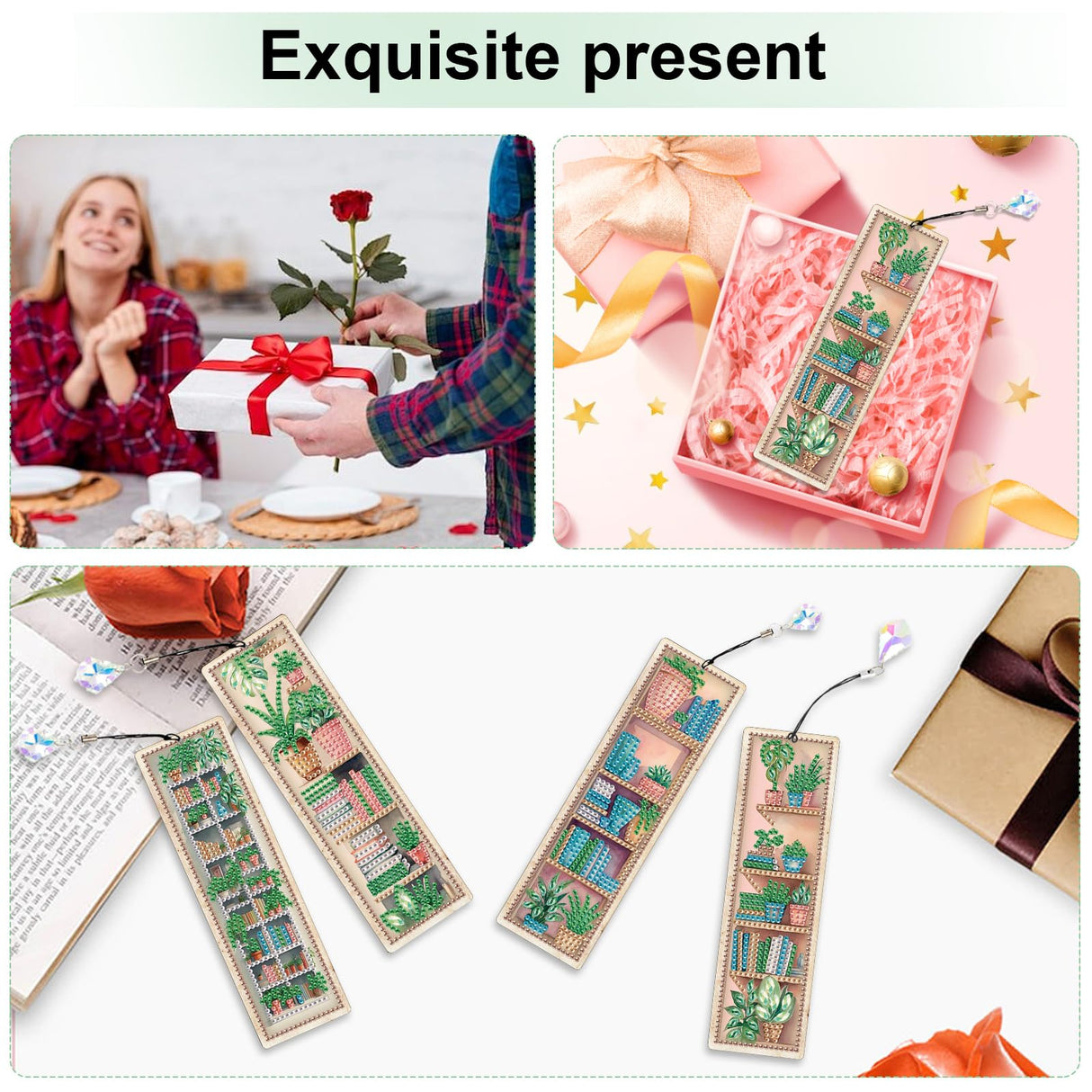 4 Pieces Diamond Painting Bookmarks for Adults Plant Bookshelf Design 5D Rhinestone Art Bookmark Kits Beautiful DIY Diamond Art Bookmarks with Tassels Crafts Gifts Supplies AiYuanzsh