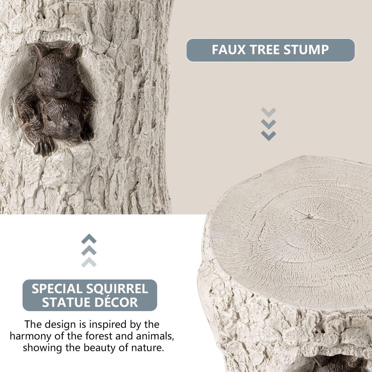 COSIEST Outdoor Antique Beige Side Table Faux Wood, Hand-Painted Wood Stump Stool w Sculpted Squirrel, Outdoor Accent Table, Ottomans, Plant Stand, Deck or Garden COSIEST