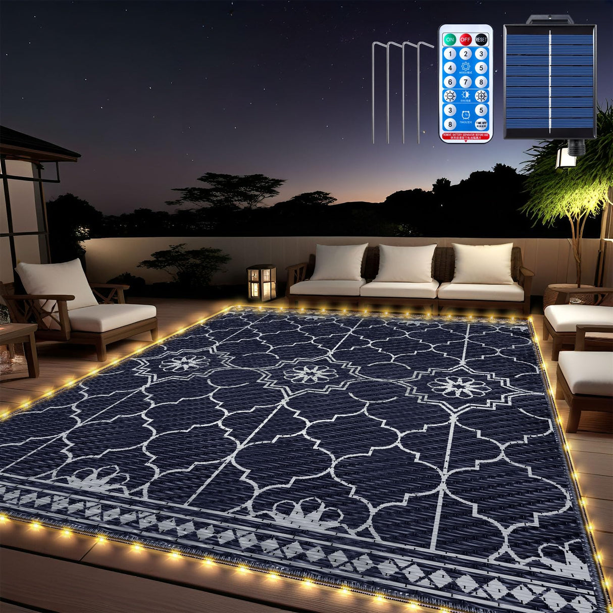 8x10Ft Outdoor Rug, Solar Powered Outdoor Rug with 113LEDs Strip Lights, Waterproof Plastic Reversible Outdoor Straw Rugs, Rugs Mat for House Deck RV Camping Patio Beach Balcony Picnic (Blue White) Capybland