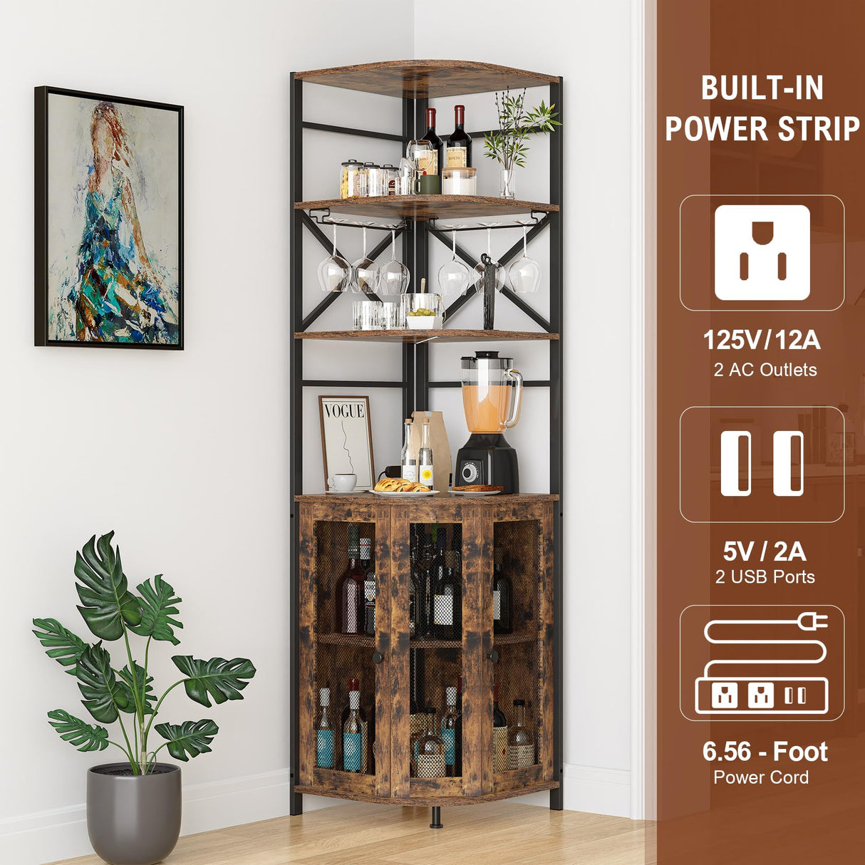 Aufvolr Wine Bar Cabinet with Power Outlet, 6-Tiers Industrial Wine Cabinet with LED Light and Glass Holder, Corner Wine Cabinet with Adjustable Shelf, Liquor Cabinet Bar for Christmas Aufvolr