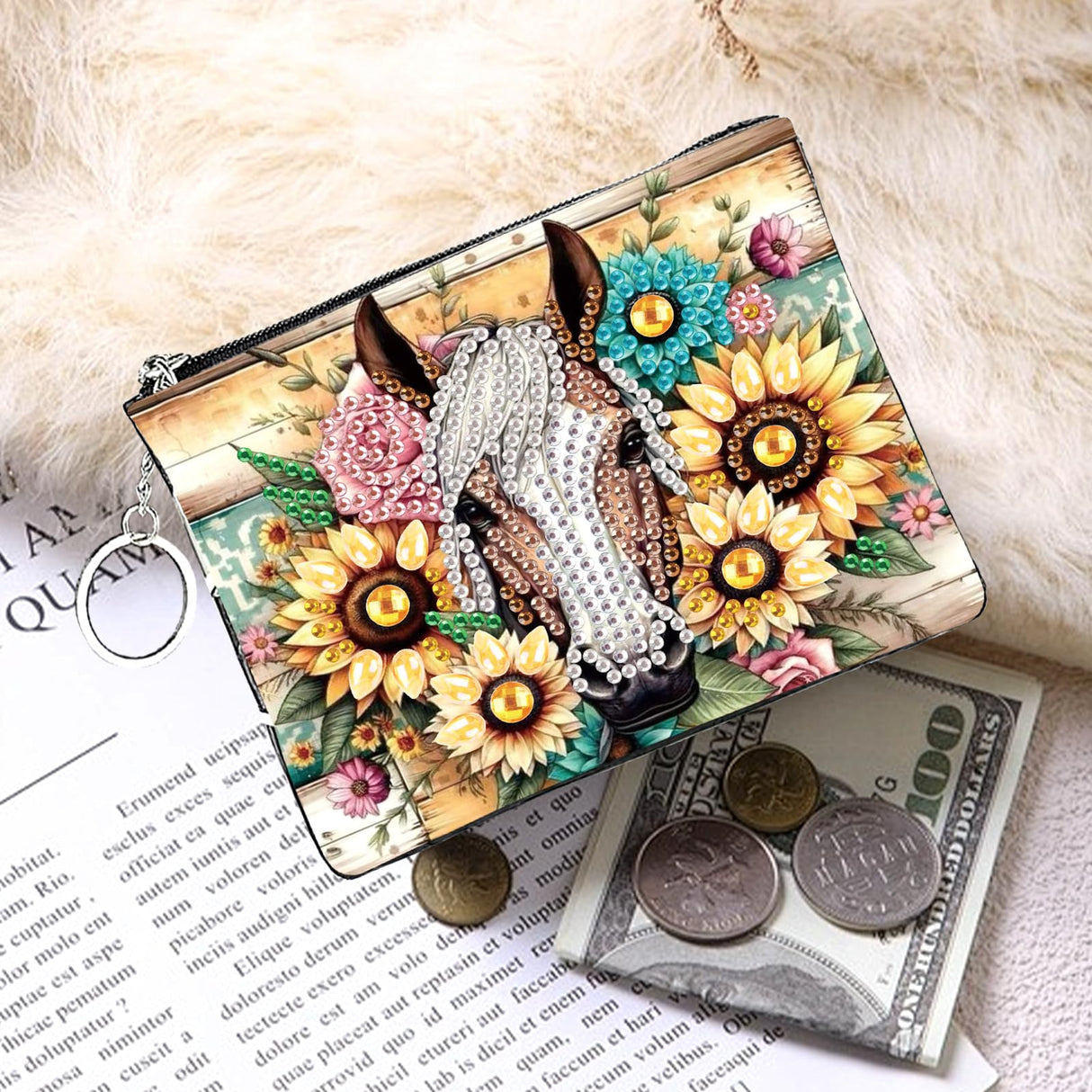JZHYOAN DIY Diamond Art Purses and Wallets Handbags Wallet Keychain Coin Pouch Coin Purse with Zipper and Keyring Diamond Painting Small Coin Purse for Women Cards Keys Horse JZHYOAN