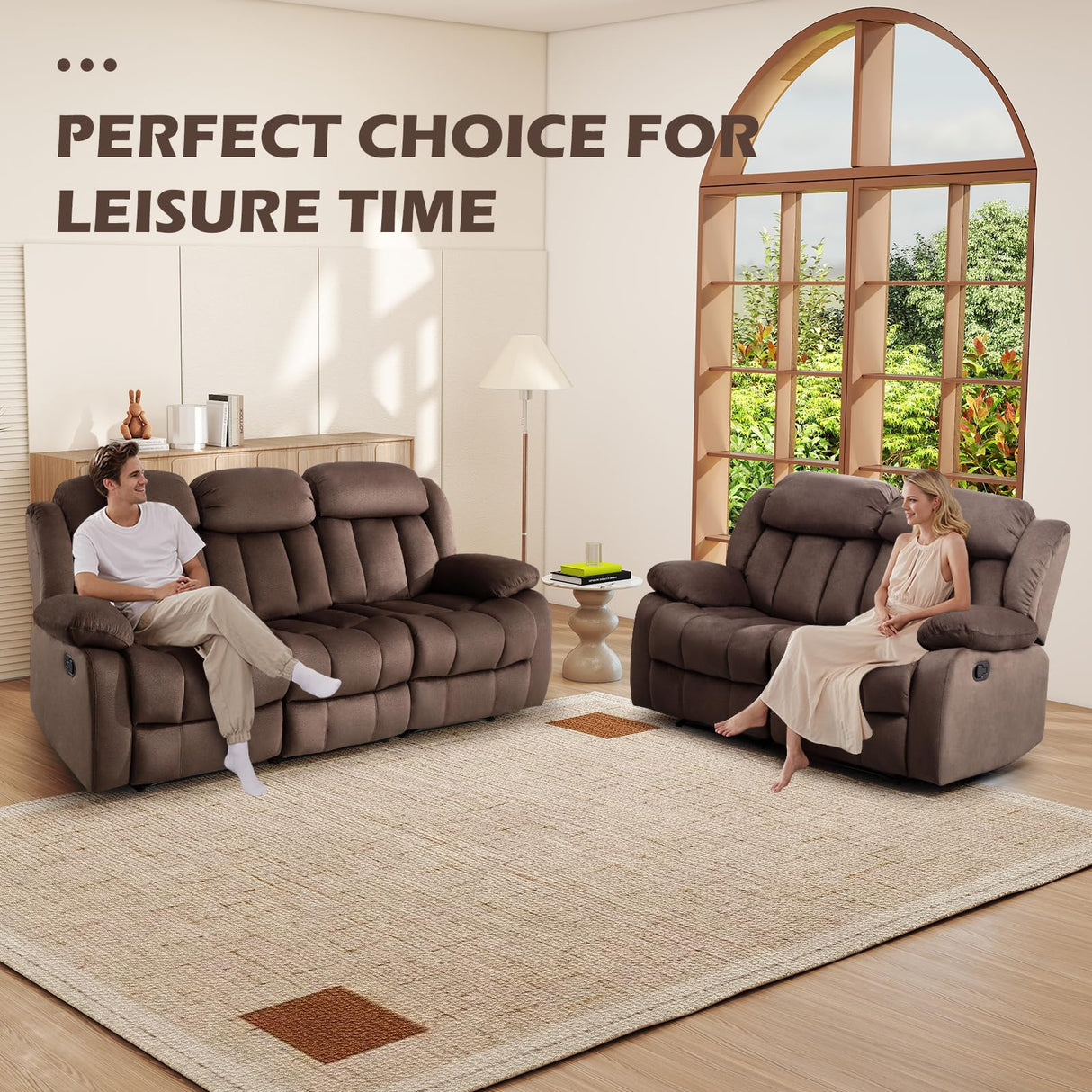 INZOY Manual Reclining Sofa Set, Included Wall-Hugger 2 Seat Recliner Loveseat and Wall-Hugger 3 Seat Recliner Sofa Coach, Modern 3 Reclining Sofa Couch for Living Room Furniture, Brown, 2+3 INZOY