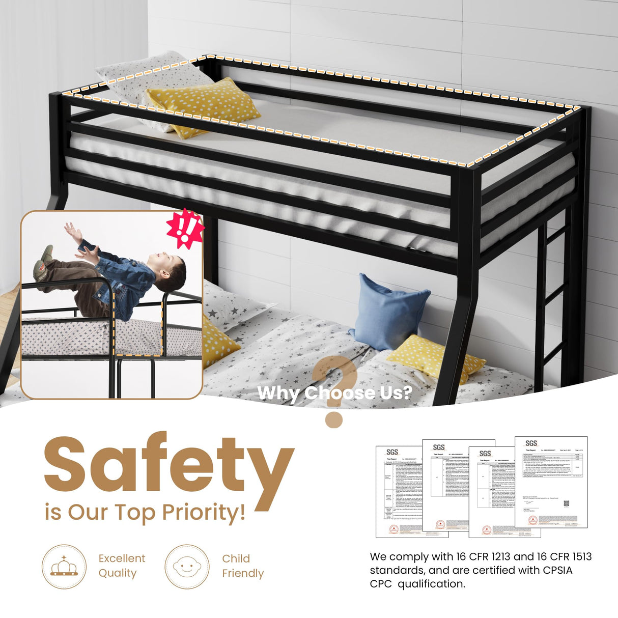 SHA CERLIN Loft Bunk Bed Twin Over Full Size with Ladder and Guardrail,Heavy Duty Metal Slats Support No Box Spring Needed Small Space Saving Furniture for Bedroom Dorm,Black SHA CERLIN