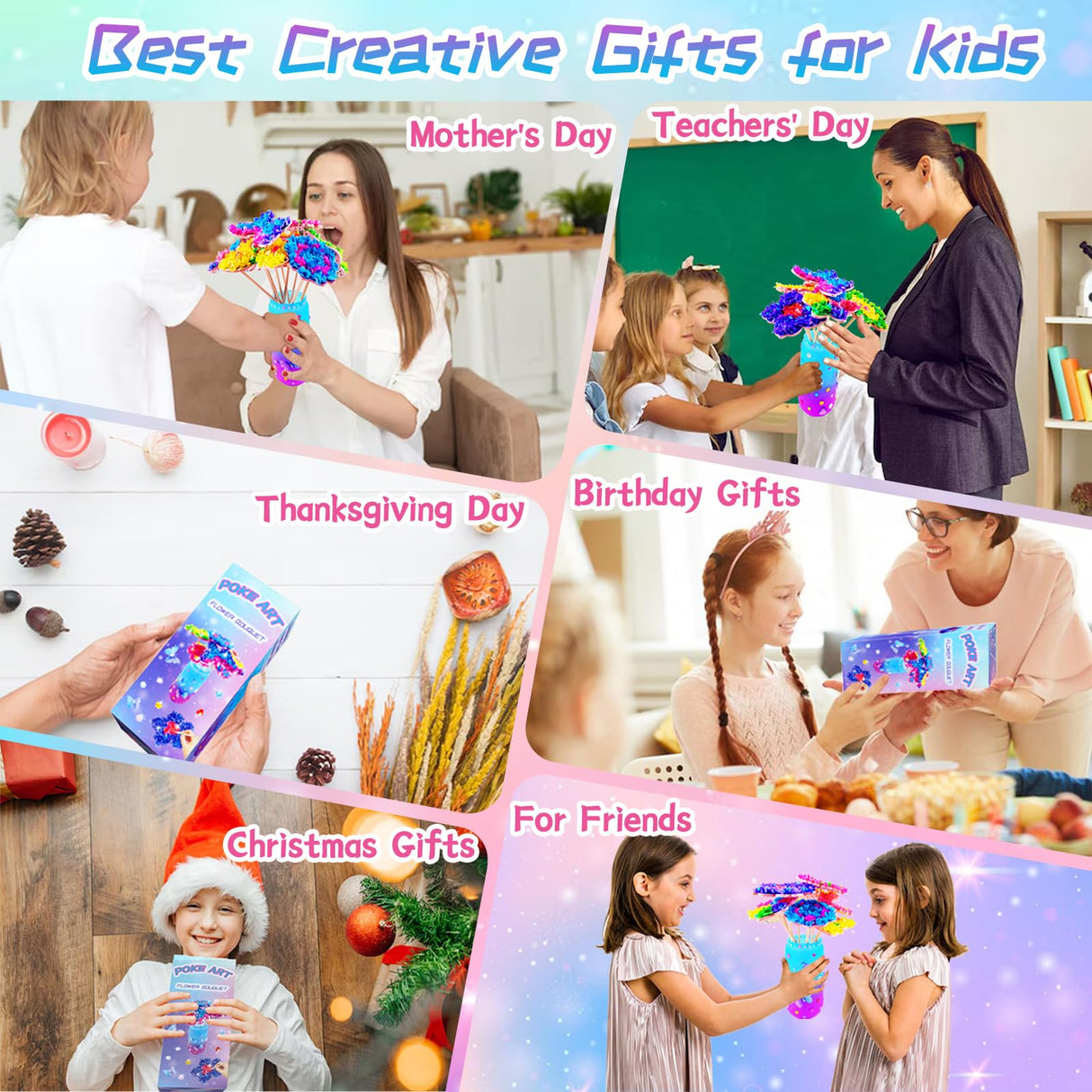 FJBICODA Poke Art Flower Bouquet Craft Kit - Arts and Crafts for Girls Ages 5-12 - Make Your Own Bouquet with 8 Flowers 2 Butterflies & 1 Vase - DIY Activities Gifts for 5 6 7 8 9 10+ Year Old Kids FJBICODA