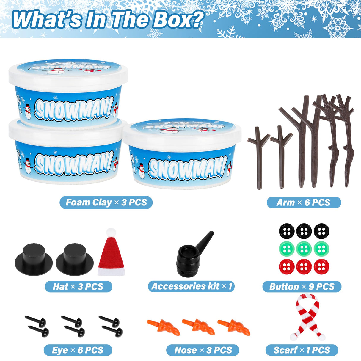 Christmas Craft Snowman Kit, 3 Pack DIY Snowman Craft Kit for Kids, Build a Snowman Indoor Decor, Creative Kids Air Dry Modeling Clay, Xmas Activities Christmas Making Kit for Toys Favors EOBOH