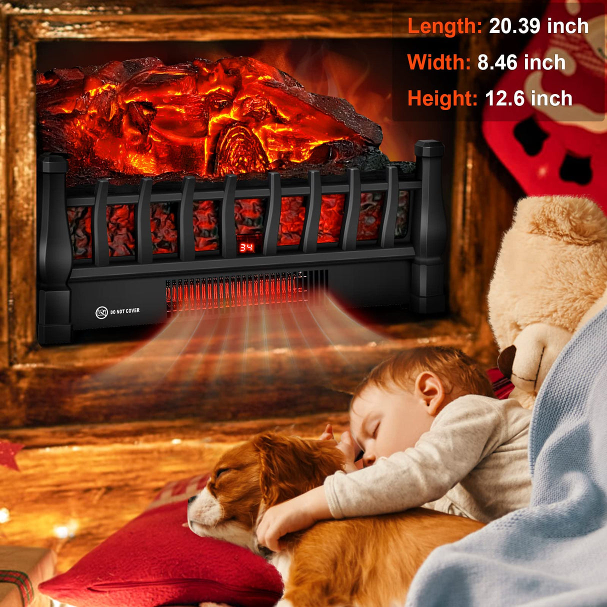 Electric Fireplace Logs Inserts Heater with Infrared Remote Controller 5 Flame Brightness 24 H Timer Overheating Protection for Home and Office Decor Black Alpaca
