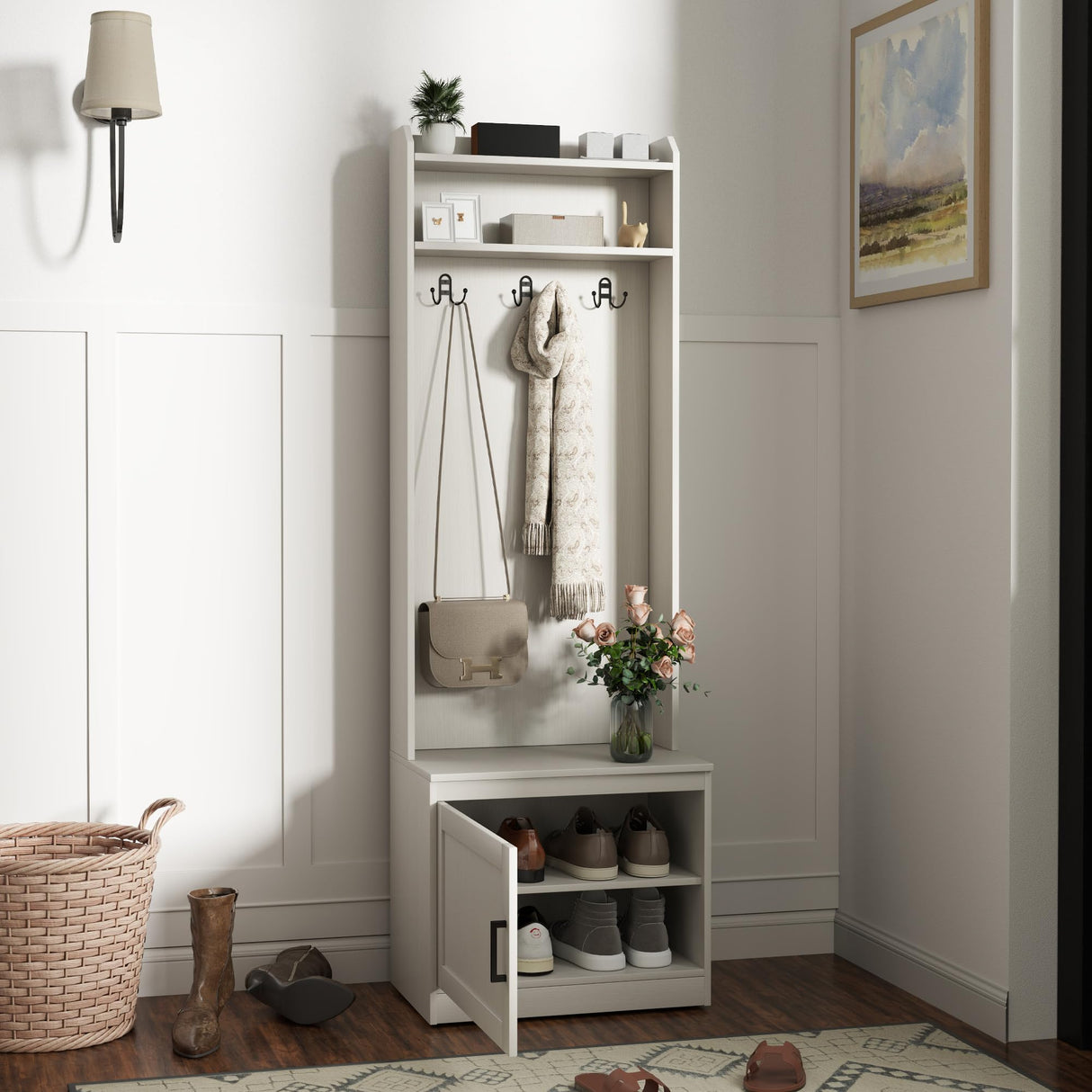HOMCOM Narrow Hall Tree with Shoe Storage Bench, Rustic Entryway Bench with Coat Rack, Accent Coat Tree with Storage Shelves for Hallway, Mudroom, White Wood Grain HOMCOM