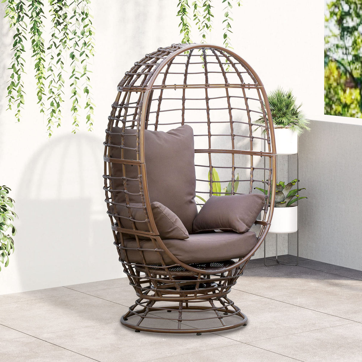 Outsunny Wicker Egg Chair, 360 Rotating Indoor Outdoor Boho Basket Seat with Cushion and Pillows for Backyard, Porch, Patio, Garden, Handwoven All-Weather PE Rattan, Steel Frame, Brown Outsunny