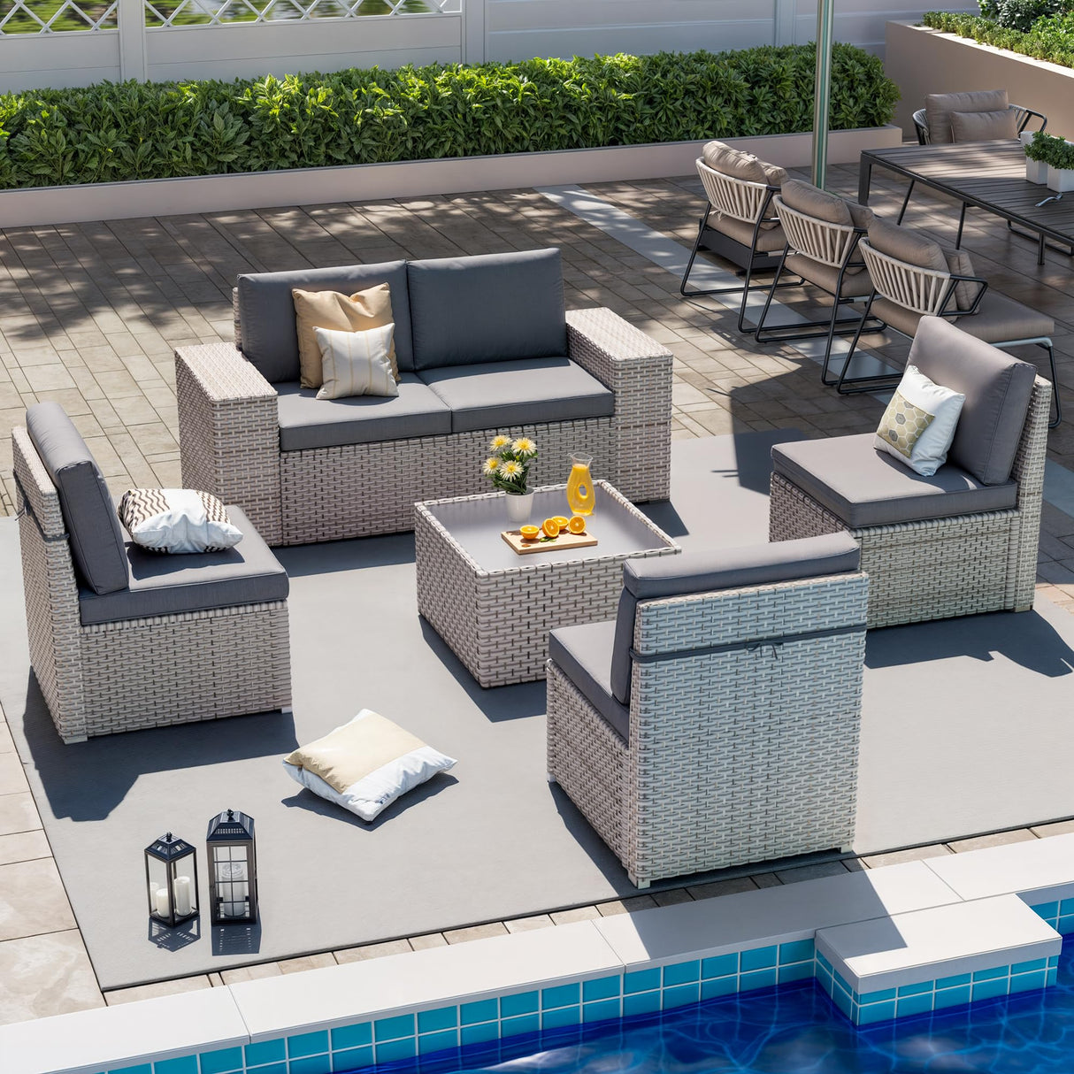 Aukreolis 6 Pieces Patio Furniture Set, Outdoor Sectional Wicker Sofa with Thickened Cushions and Coffee Table, High Back Rattan Patio Conversation Sets for Garden Backyard, Grey Aukreolis