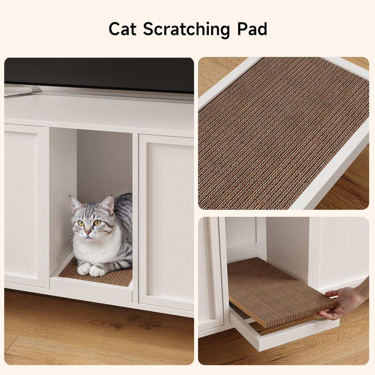 ONBRILL 59 Inches Cat Litter Box Enclosure for 2 Cats, Hidden Litter Boxes Furniture with Cat Scratch Pad, Large Indoor Pet House with Double Room, Wooden TV Stand Side Table, Off White ONBRILL