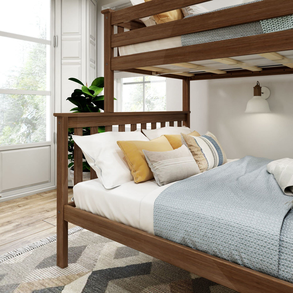 Plank+Beam Walnut Twin Over Full Bunk Bed with Ladder – Solid Wood Space-Saving Frame Plank+Beam