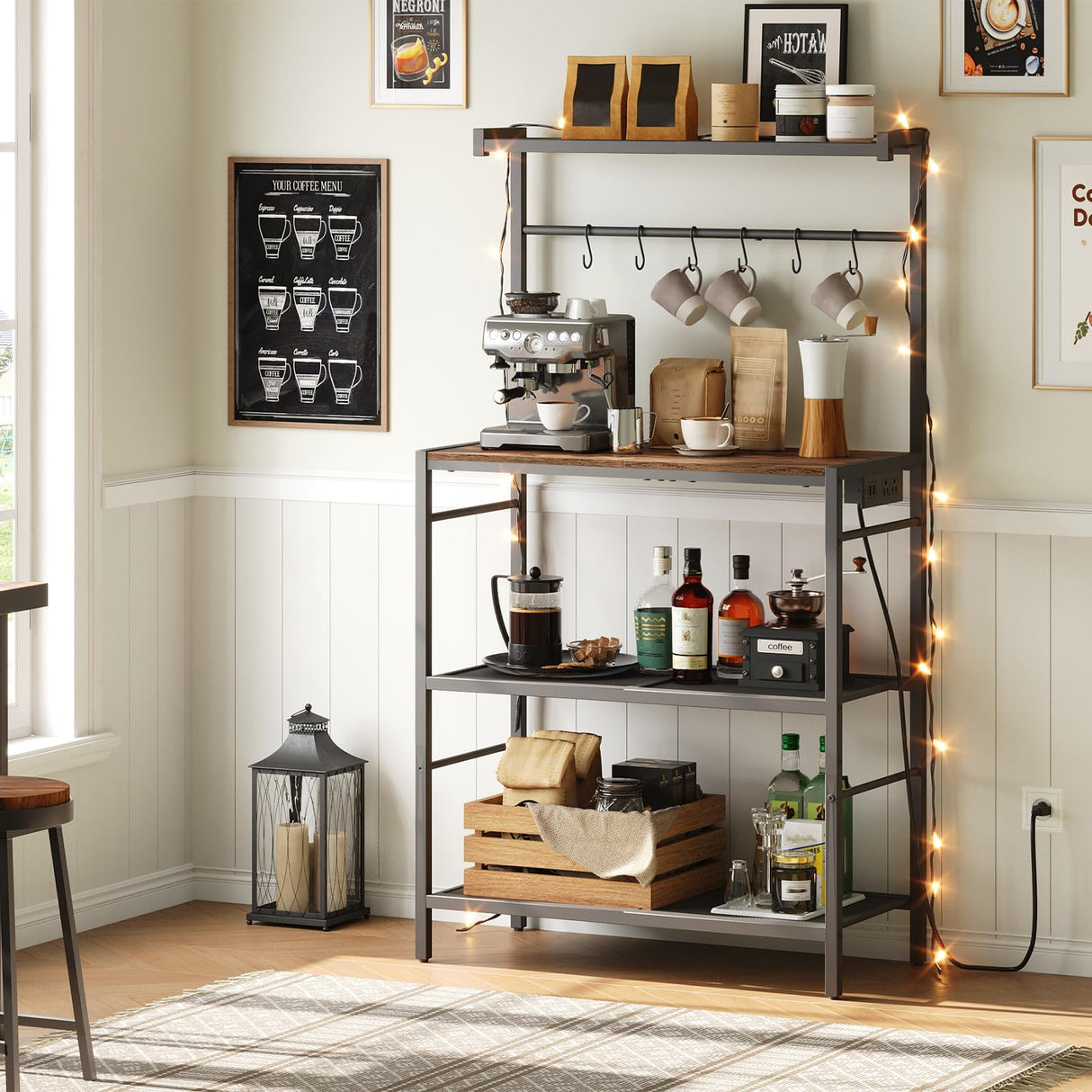 MAHANCRIS Bakers Rack with Storage, Microwave Stand with Power Outlet, Kitchen Storage Shelf with 6 Hooks, Coffee Bar Station 4 Tier, for Kitchen, Dining Room, Rustic Brown and Black BRHR351E01 MAHANCRIS