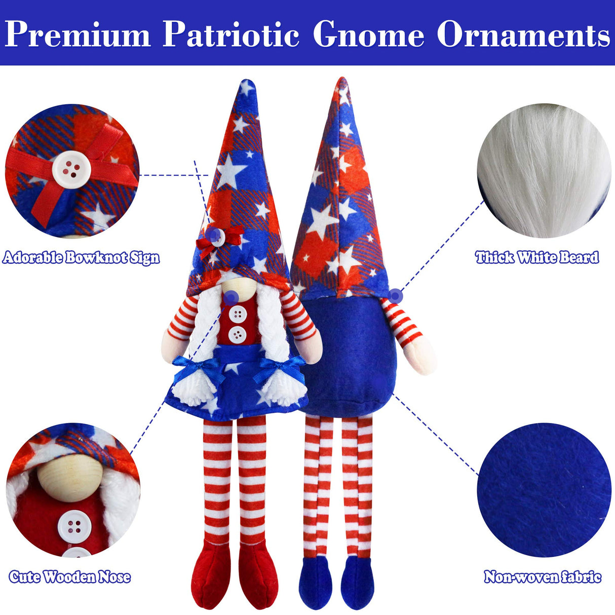 2Pcs 4th of July Patriotic Gnomes Plush Decorations - Mr & Mrs Handmade Swedish Tomte Gnomes Ornaments for Patriotic Party Table Decor- Fourth of July Party Home Mantle Fireplace Decor Partyprops
