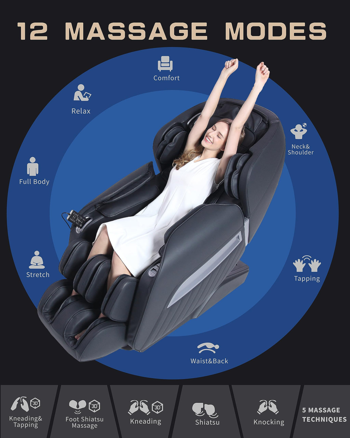 HealthRelife Massage Chair Full Body Recliner, with Heat Zero Gravity Air Pressure SL Track Intelligent Voice Control Airbags, Foot Roller Bluetooth Speaker Space-Saving Gift Mother's Day, Black HealthRelife