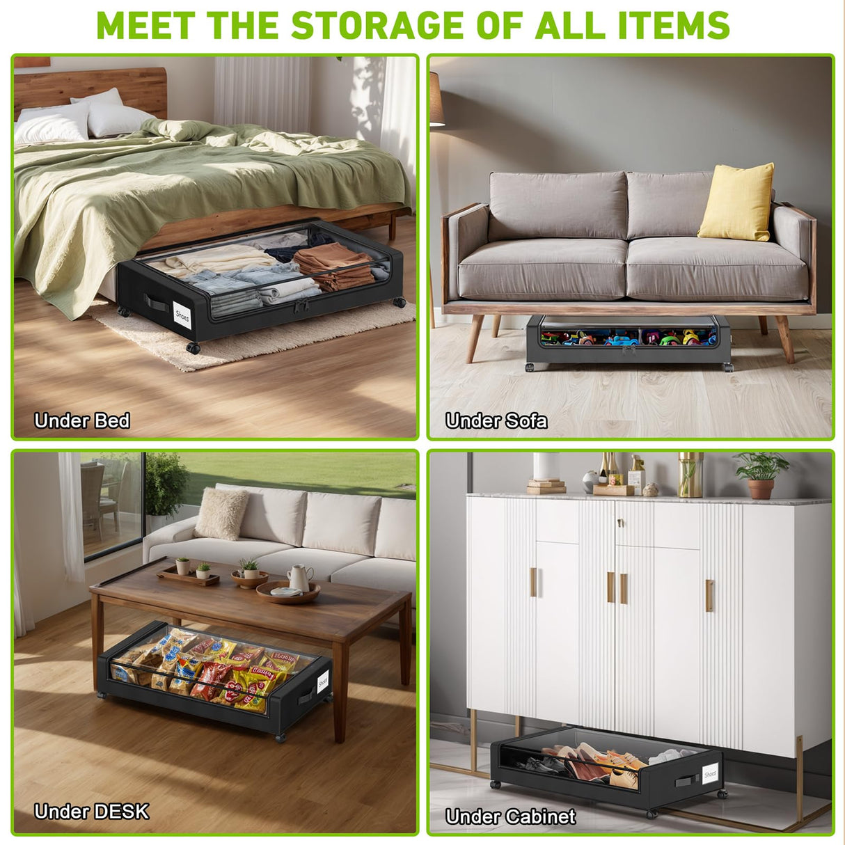 YAASHEEN Under Bed Storage with Wheels, 4-Pack Under the Bed Storage Containers with Clear Lids & Label, Underbed Storage Bins, XXL 60L Rolling Metal Drawer for Clothes, Shoes, Toys, Books - Black YAASHEEN