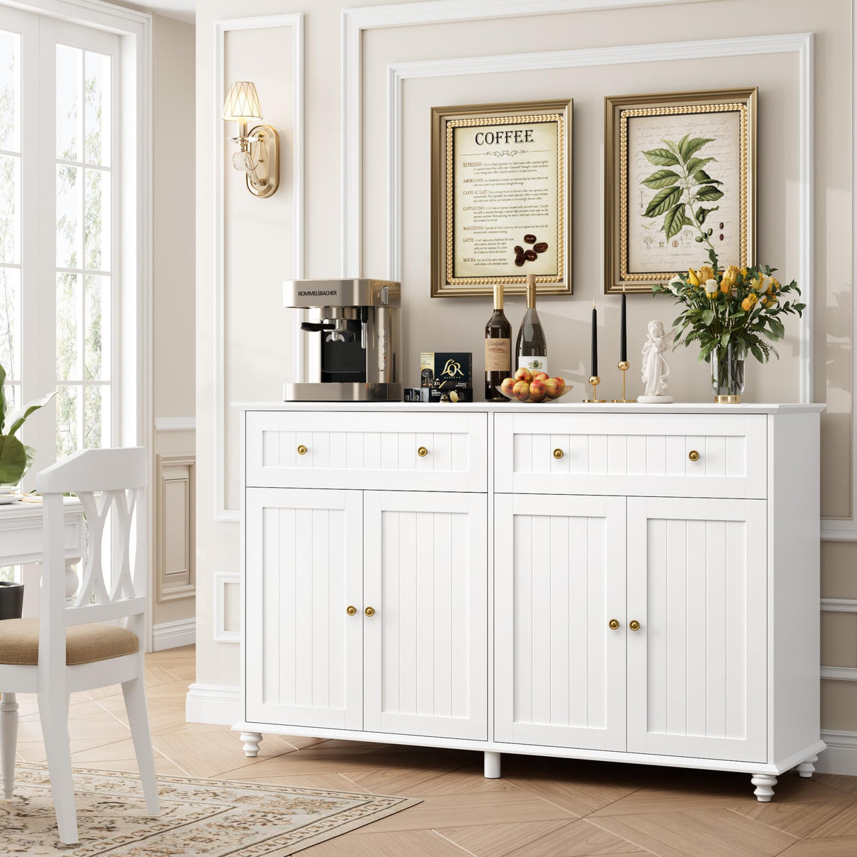 finetones Buffet Cabinet with Storage, 55.1” Large Sideboard Buffet Cabinet, White Kitchen Cabinet Display Cabinet with 2 Drawers and 4 Doors, Wood Coffee Bar Cabinet for Kitchen Dining Room finetones