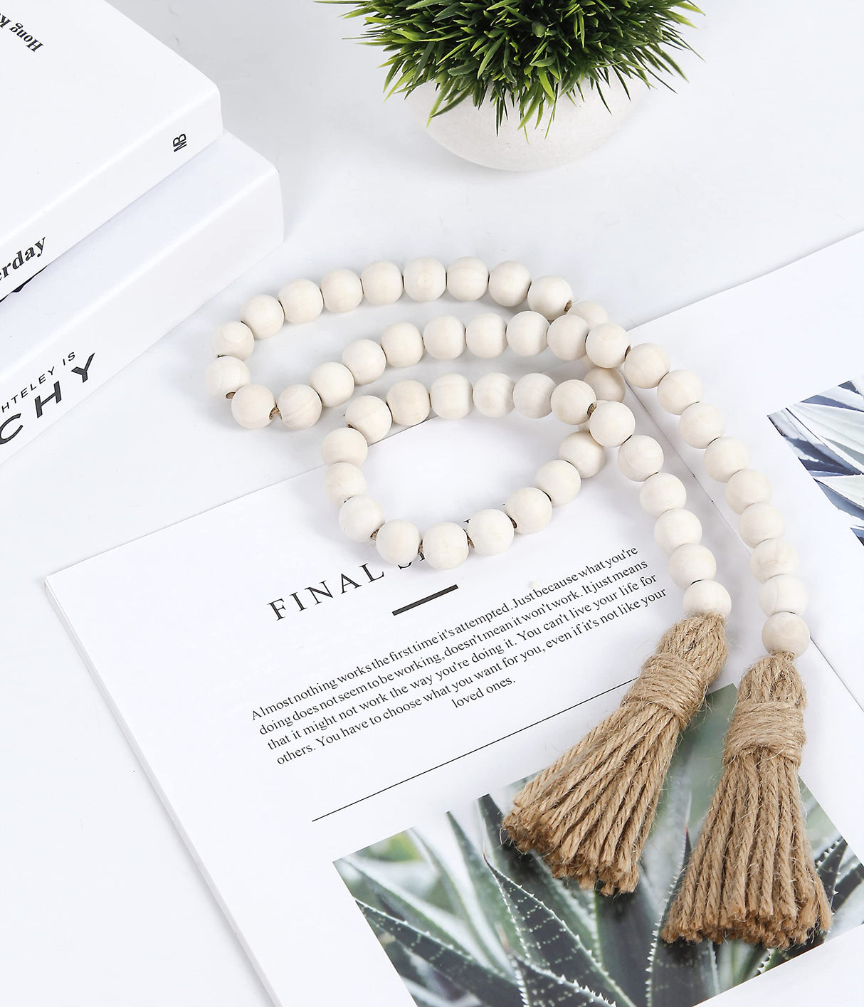 Wood Bead Garland Farmhouse Beads with Tassels,Farmhouse Tassel Garland Country Wall Hanging Decor Prayer Beads(39 inches/Nature) RAMIRABI