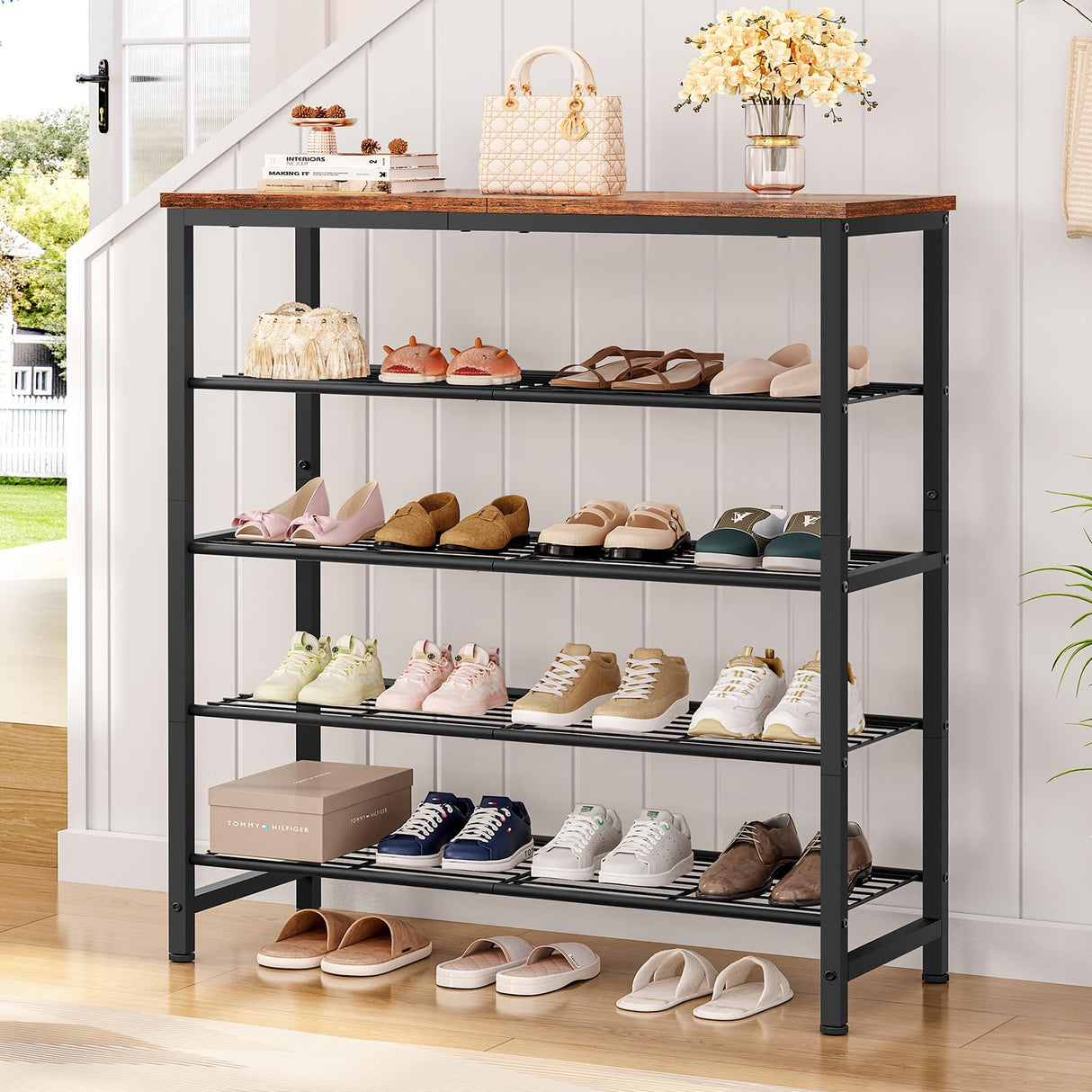 usikey 5-Tier Shoe Rack, Industrial Shoe Storage Organizer for 12-16 Pairs of Shoes, Metal Shoe Shelf with Wooden Top, Shoe Stand with 3 Metal Shelves for Entryway, Hallway, Closet, Rustic Brown usikey