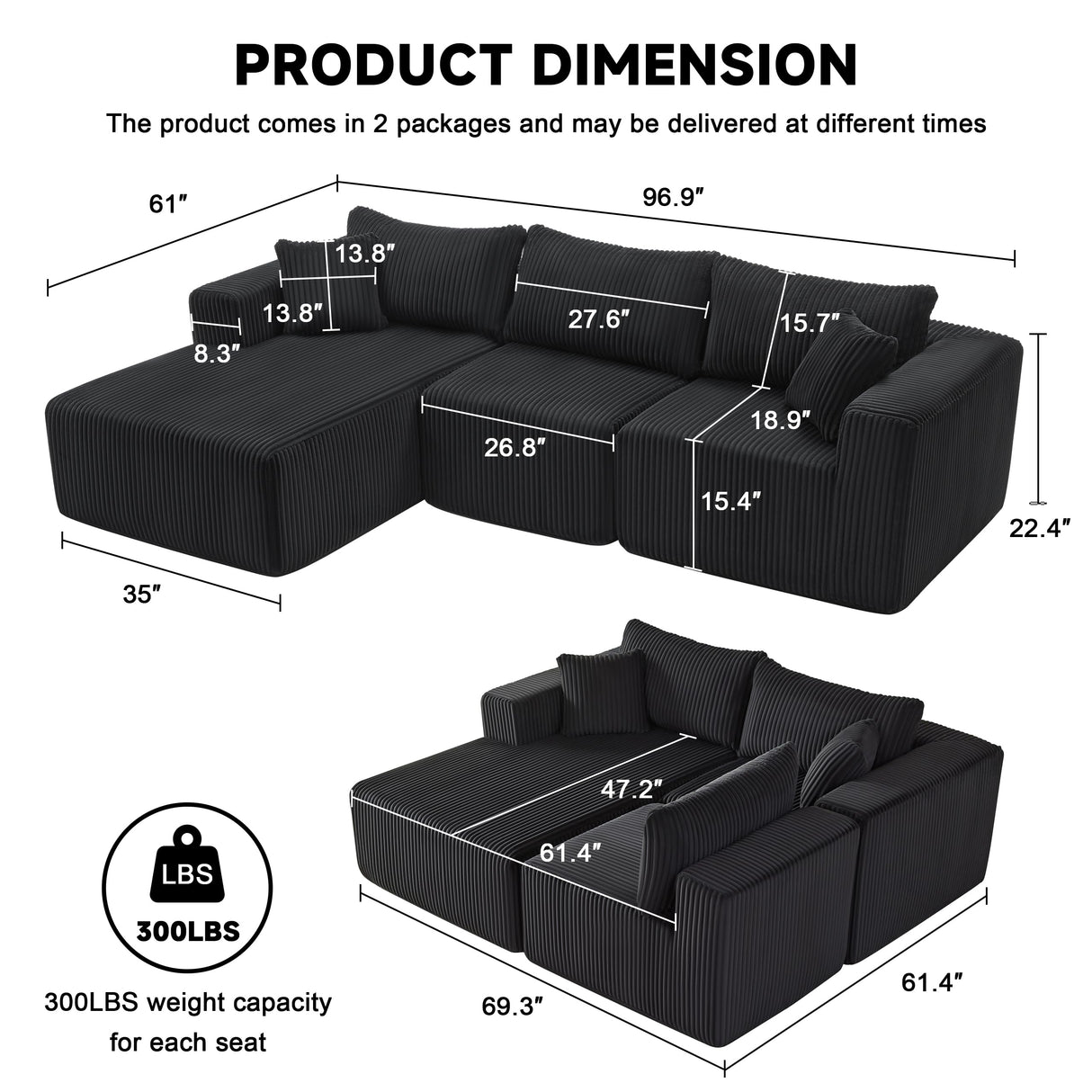 97" Boneless Couches for Living Room, Cloud Couch Sectional with Deep Seat, Comfy Couch with L-Shaped Chaise, Minimalist Upholstered Modular Sectional Sofa, No Assembly Required (Corduroy,Black) Huatean Home