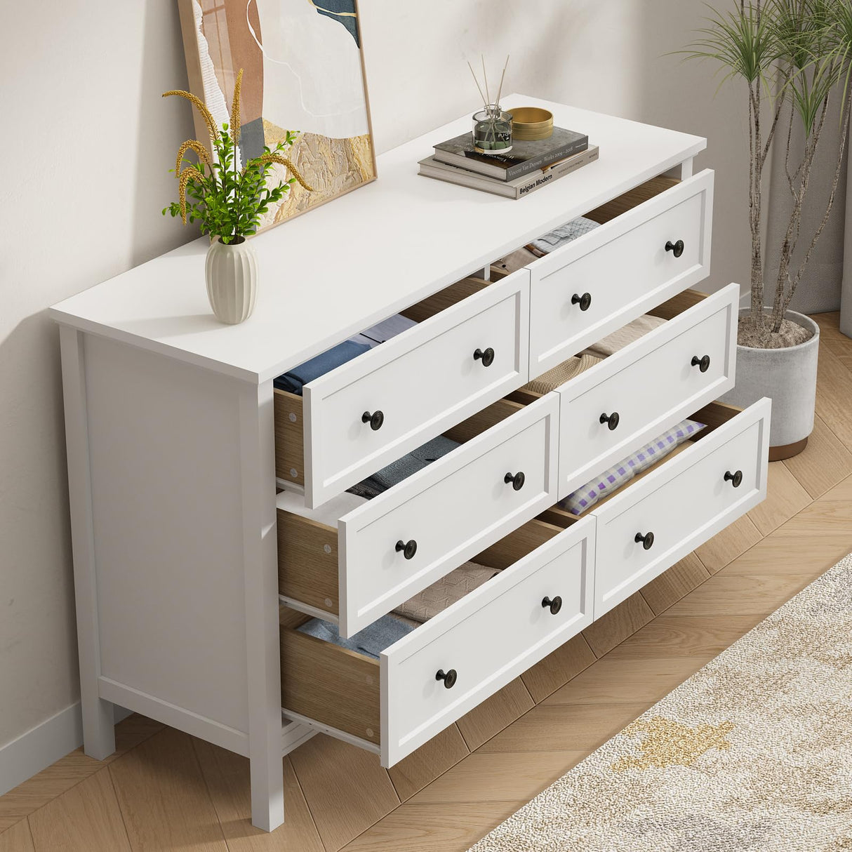 CARPETNAL White Dresser for Bedroom, 6 Drawer Dresser with Wide Drawer and Metal Handles, Wood Dressers & Chests of Drawers for Hallway, Entryway. CARPETNAL