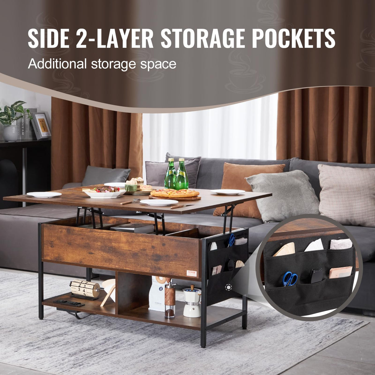 VEVOR 4-in-1 Lift Top Coffee Table with USB/Power Outlet/LED Light, Multi-Function Convertible Coffee Table with Storage and Hidden Compartment, Converts to Dining Table for Living Room, Home Office VEVOR
