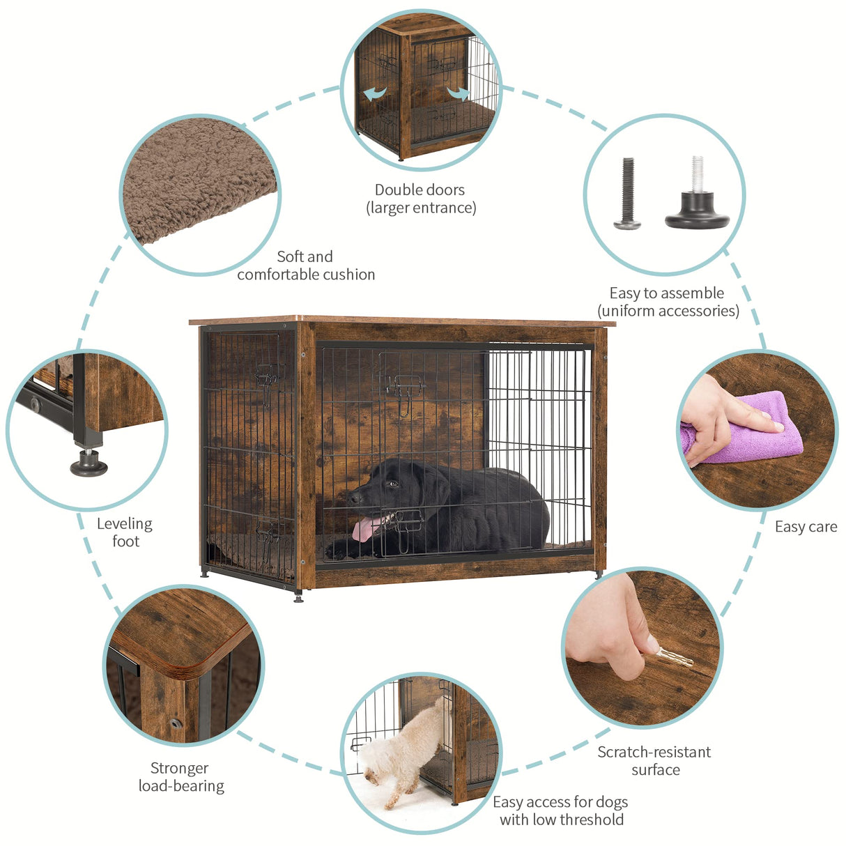 DWANTON Dog Crate Furniture with Cushion, Wooden Dog Crate Table, Double Doors Dog Furniture, Indoor Dog Kennel, Dog House, Dog Cage Large, 38.5" L, Rustic Brown Dwanton