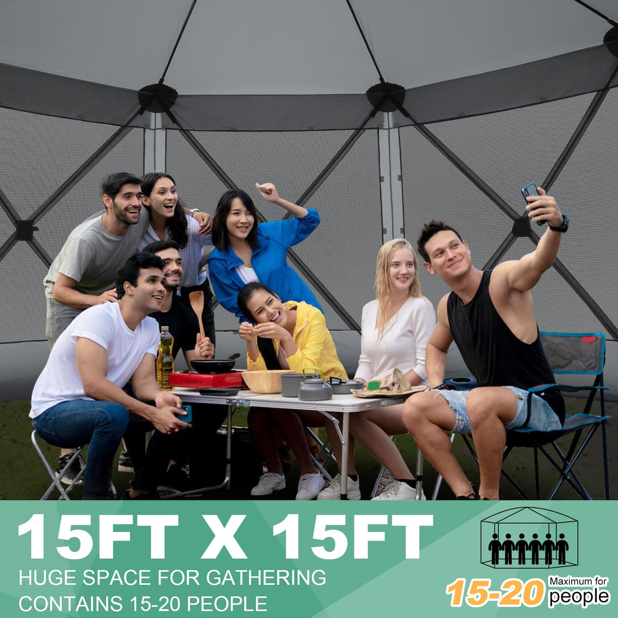 COBIZI 15x15ft Extra Large Pop-Up Gazebo Canopy Tent with Mosquito Netting, Spacious Easy Set-Up Screened Shelter, Durable Outdoor Pavilion with Ground Stakes, Perfect for Patio, Backyard, and Lawn COBIZI