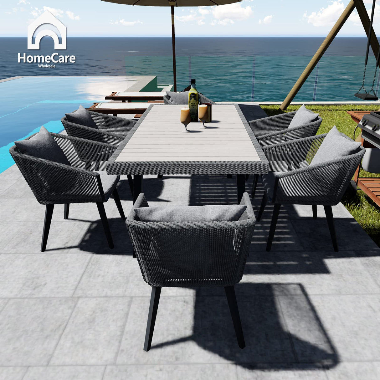 Home Care Wholesale 7 Pieces Patio Dining Set for 6 - All Weather Outdoor Dining Sets, All in One Outdoor Table and Chairs, Wicker Outdoor Patio Furniture Sets with Cushions and Pillows, Grey Home Care Wholesale