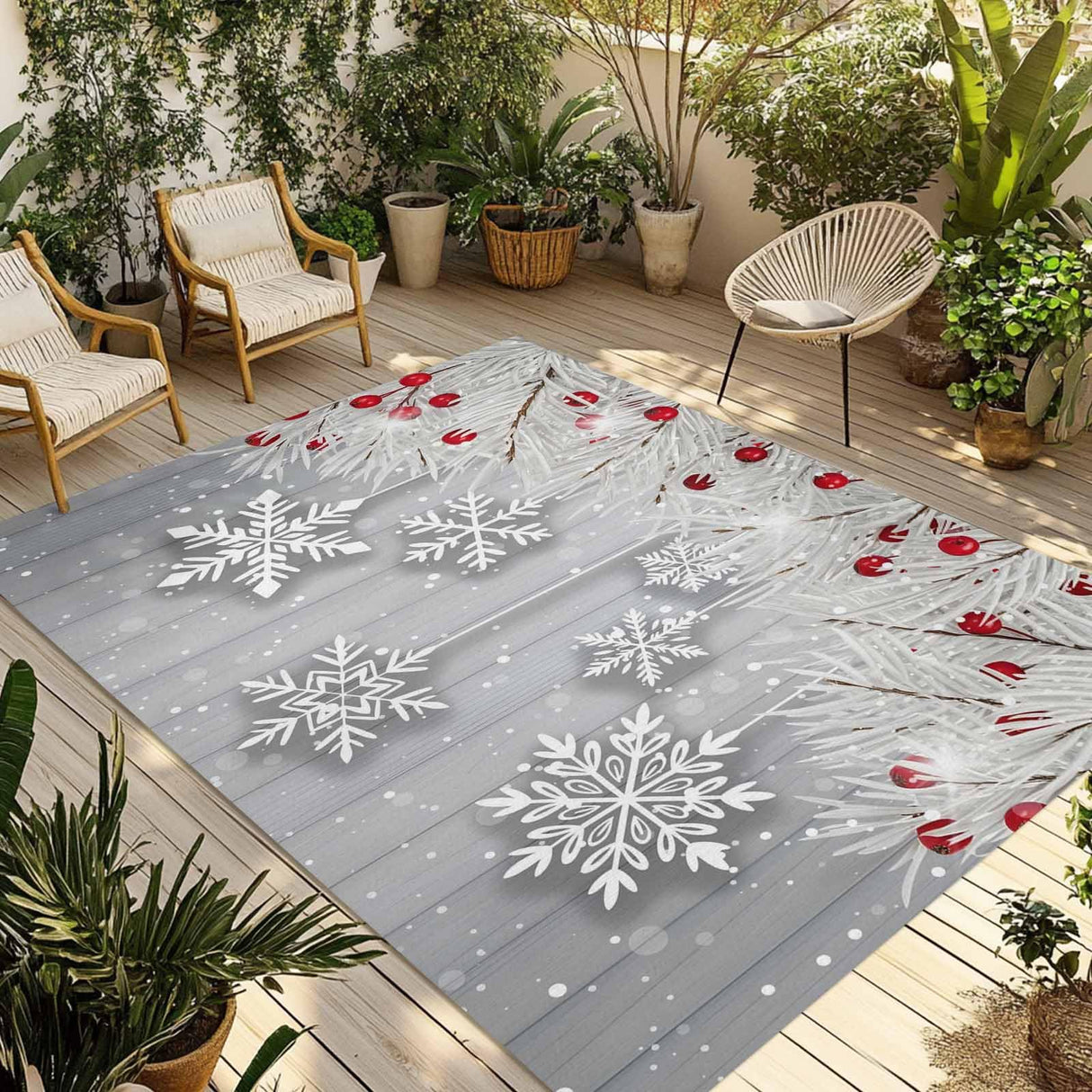 Winter Snowflake Outdoor Rug 5x8ft Christmas White Pine Branch Gray Wood Grain Waterproof Patio Rugs Lightweight Foldable Outside Large Area Rug Carpet for Porch Deck Balcony Backyard Camper Lkicikik