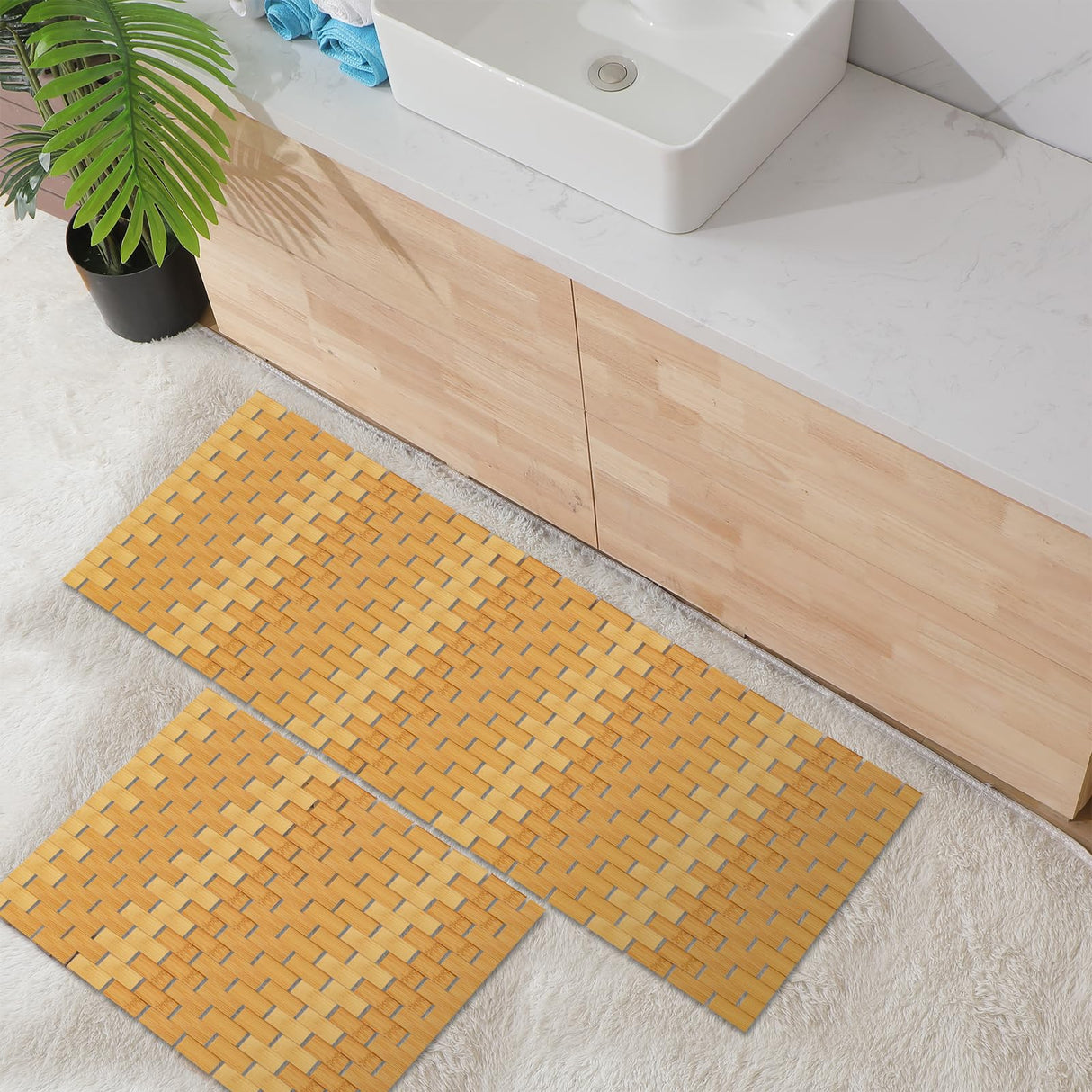 Barydat 2 Pcs Bathroom Bamboo Bath Mat Set Long Large Bathtub Non Slip Bamboo Shower Mat Floor Wooden Rug Waterproof Bathmat for Bathroom Accessory Spa Kitchen Outdoor, 16 x 48 Inch and 16 x 24 Inch Barydat