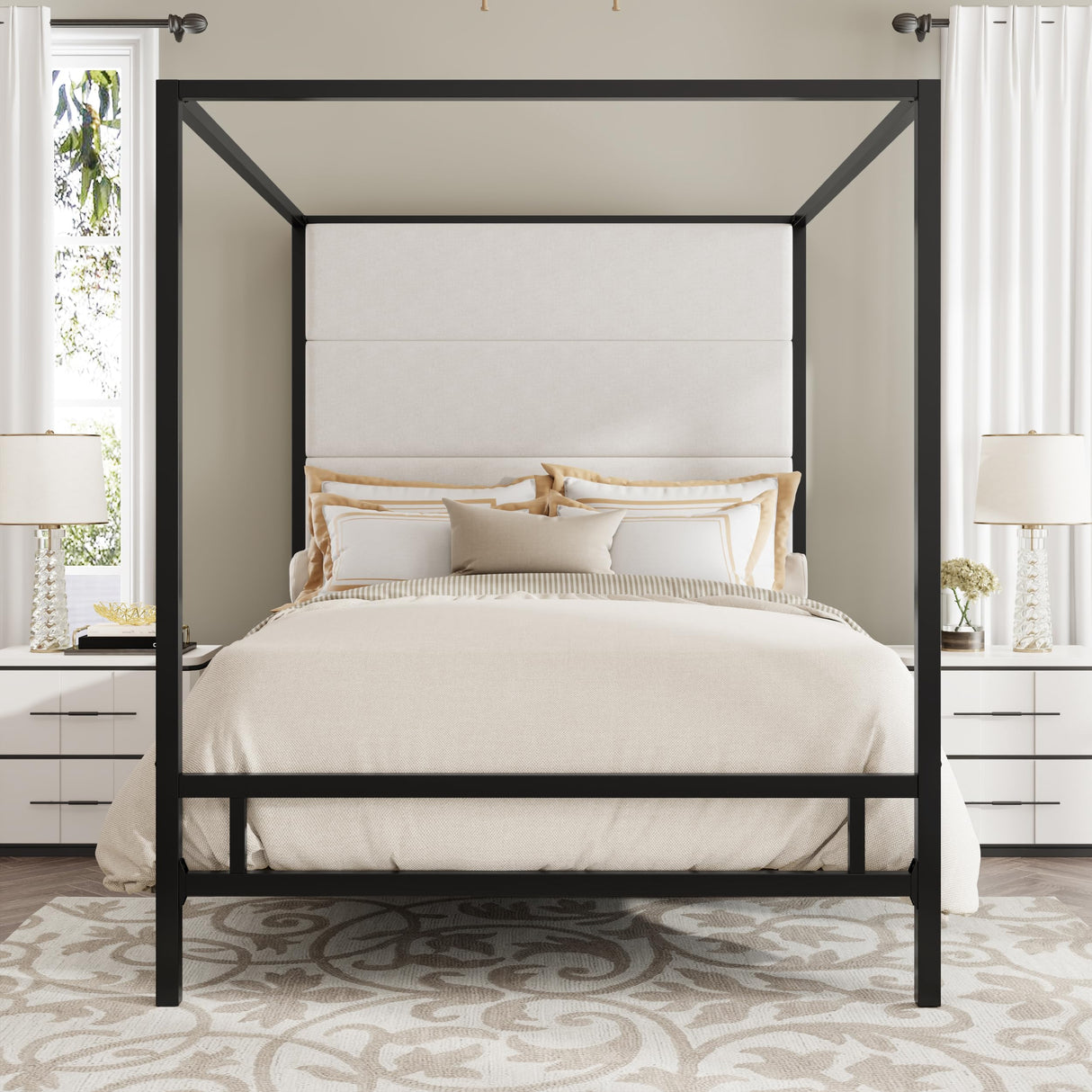 LUMISOL King Size Canopy Bed Frame, Modern Canopy Bed with Tall Velvet Fabric Upholstered Headboard Metal 4-Poster Bed Frame, Box Spring Needed, Black LUMISOL