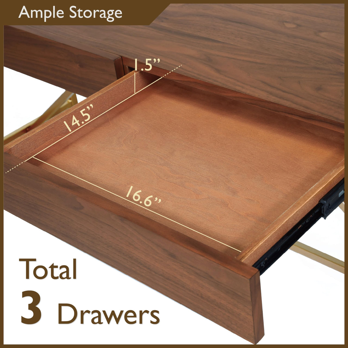 Homes: Inside + Out Lizon Modern 60 Inch Wood Desk With Drawers, Office Table With Storage, Vanity Without Mirror For Bedroom, Study Room, Dorm, Light Walnut Brown & Gold HOMES: INSIDE + OUT