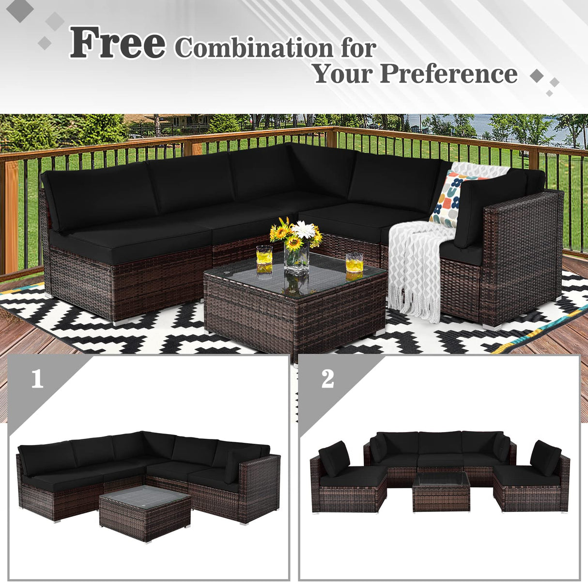 Tangkula 6 Pieces Patio Furniture Set, Outdoor Wicker Conversation Set with Glass Coffee Table, Wicker Sofa Set with Back & Seat Cushions, Rattan Sectional Conversation Couch Set for Backyard Garden Tangkula
