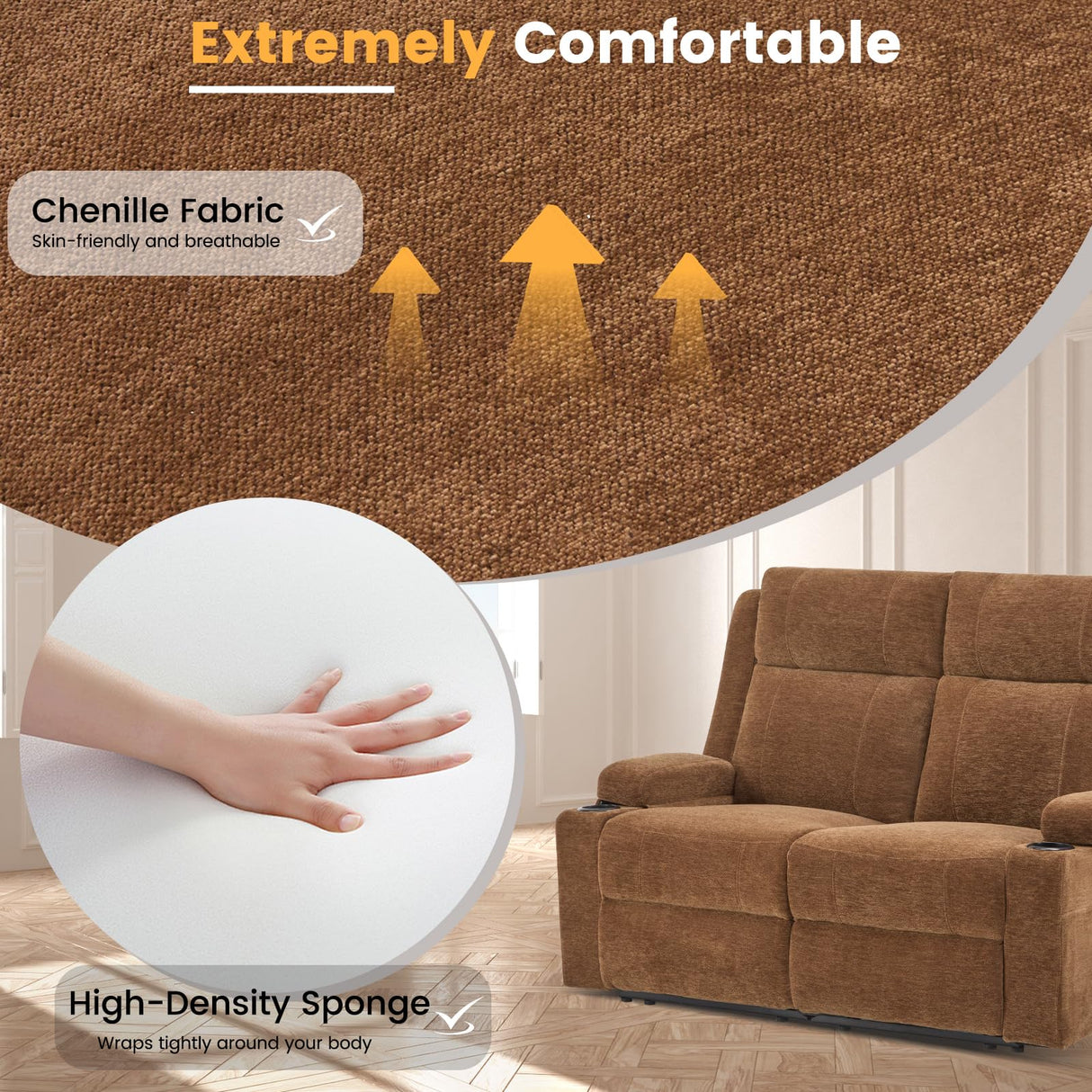 RIHEREFY Loveseat Recliner Sofa, Double Seat Couch with Adjustable Footrest, Wall Hugger Sofa for Living Room & Home Theater & RV(Brown) RIHEREFY