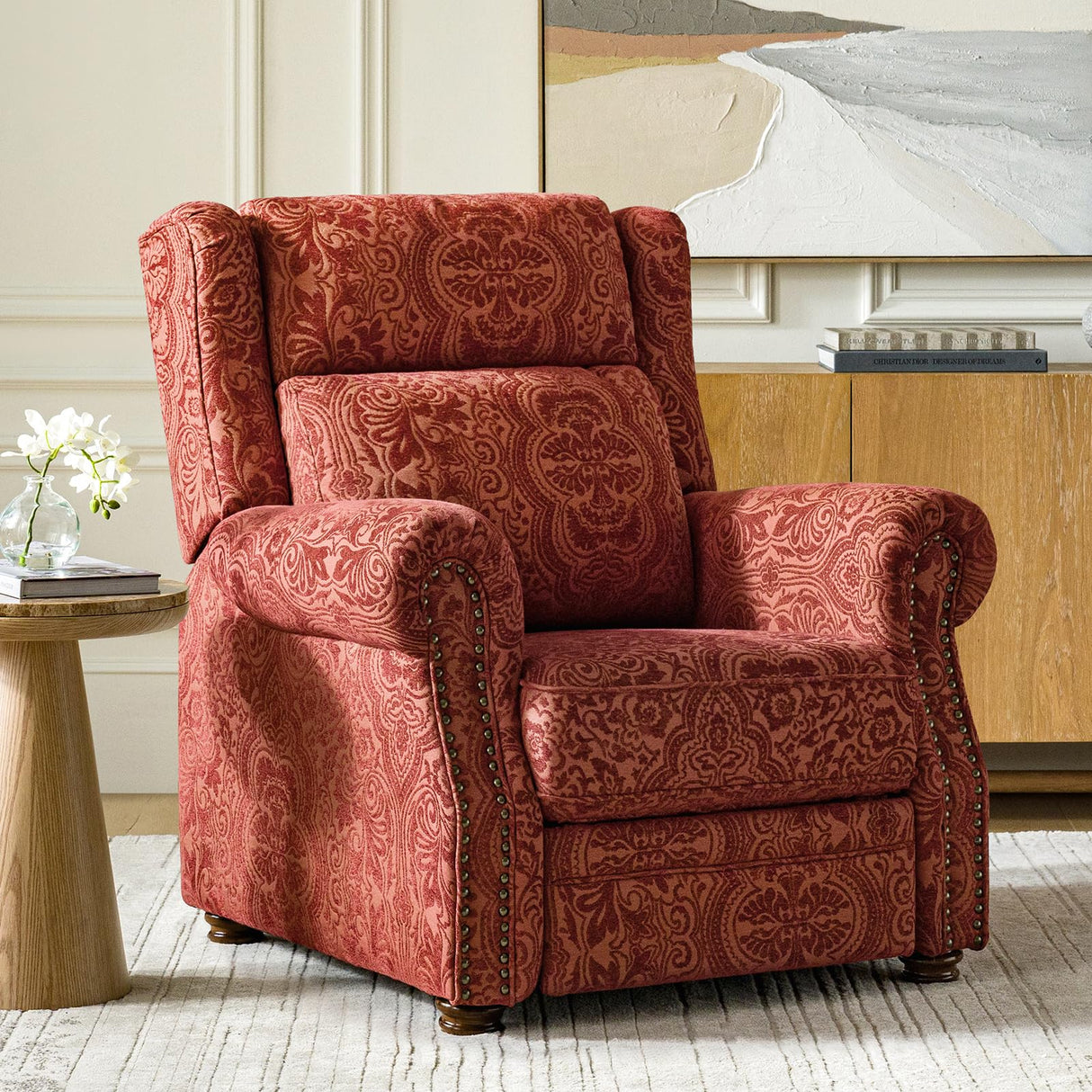HULALA HOME Printed Fabric Manual Recliner, Traditional Push Back Recliner Armchair with Adjustable Backrest & Footrest, Comfy Upholstered Lazyboy Single Sofa with Nailhead Trim, Damask Floral HULALA HOME