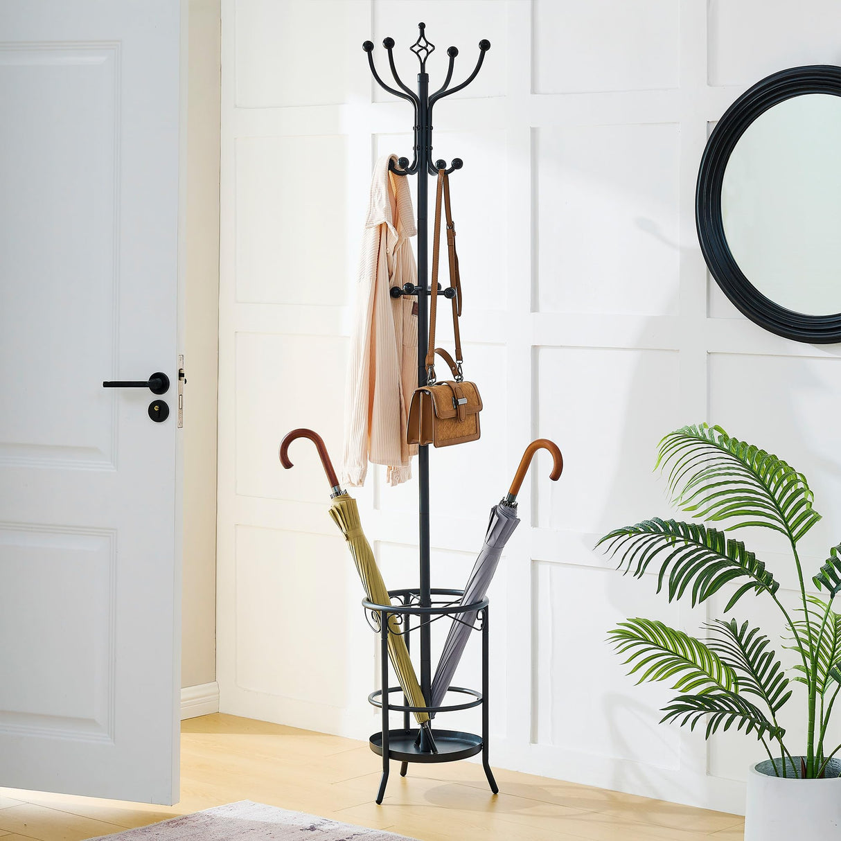 Tajsoon Coat Rack Stand with Umbrella Holder, Free standing Coat Hanger Stand with Umbrella Stand, Entryway Coat Rack to Hold Clothes Hats Bags,Coat Stand with 12 Hooks, for Living Room Bedroom Office Tajsoon